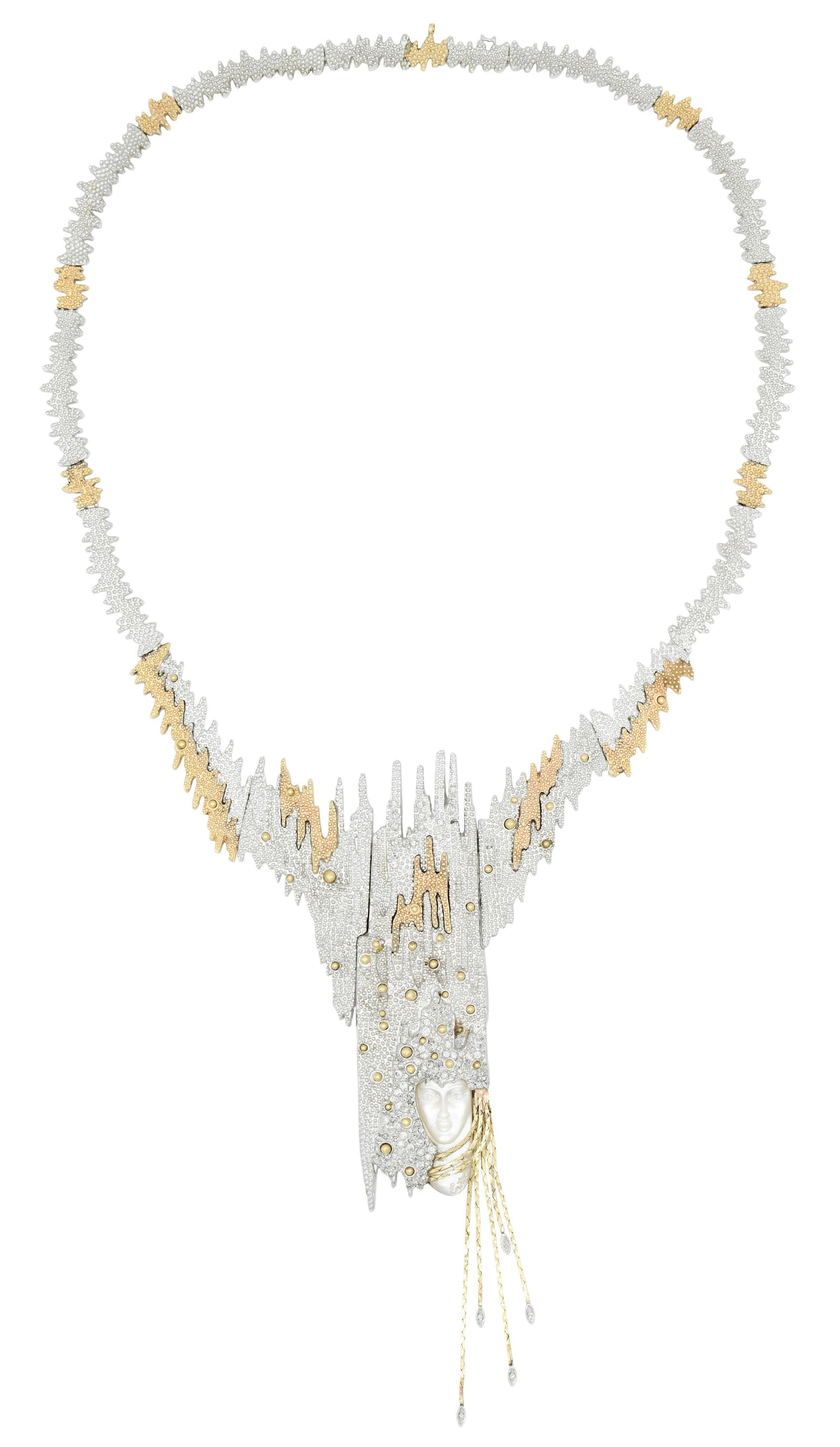 Erte "Sophistication" 14K Yellow Gold, Sterling Silver, Diamond & Mother of Pearl Necklace/Brooch: Erte "Sophistication" 14K Yellow Gold, Sterling Silver, Diamond & Mother of Pearl Necklace/Brooch • set with round brilliant and single cut diamonds weighing a total of 0.78 carats •