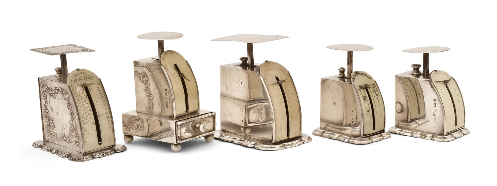 A Collection of Five Silver Postage Scales: A Collection of Five Silver Postage Scales 19th/20th century each stamped with maker's mark and hallmark 3 1/2 x 2 1/2 x 1 3/4 inches Provenance: Private Collection, Pennsylvania Other Notes: