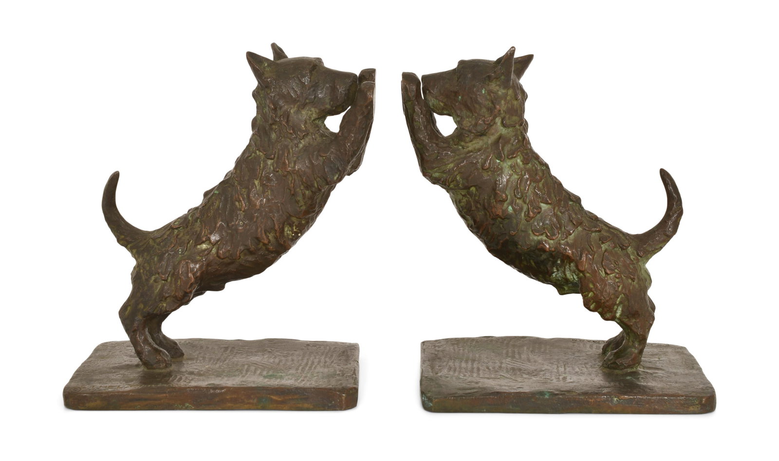Ethel Ehrman / Gorham Co. Scottie Dog Bookends: Ethel Ehrman / Gorham Co. Scottie Dog Bookends early 20th century marked "Ethel Ehrman, 1920 / Gorham Co. Founders, QFHX" 5 1/2 x 5 x 3 1/2 inches Provenance: Property from an Important Northeast