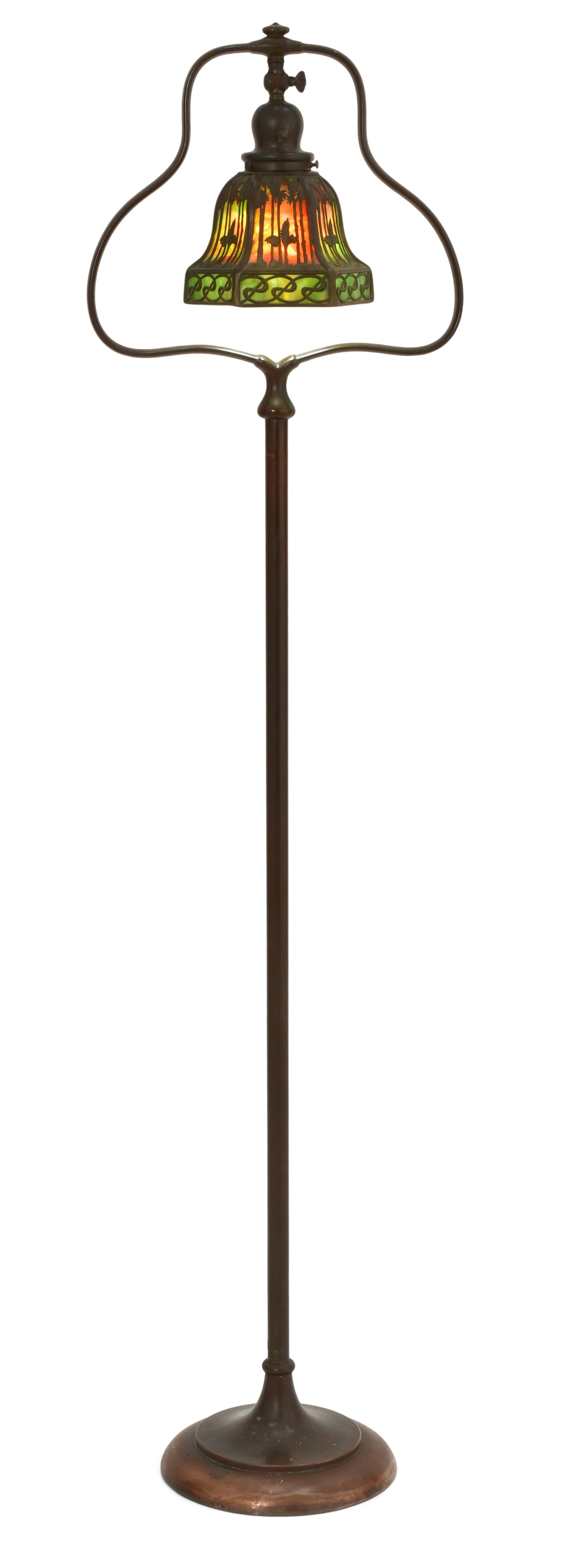 Handel "Sunset Palm" Harp Floor Lamp: Handel Company (Connecticut/New York, 1885-1936) "Sunset Palm" Harp Floor Lamp early 20th century slag glass, patinated metal shade signed "Handel" 56 x 7 1/2 inches Provenance: Property from a Mas
