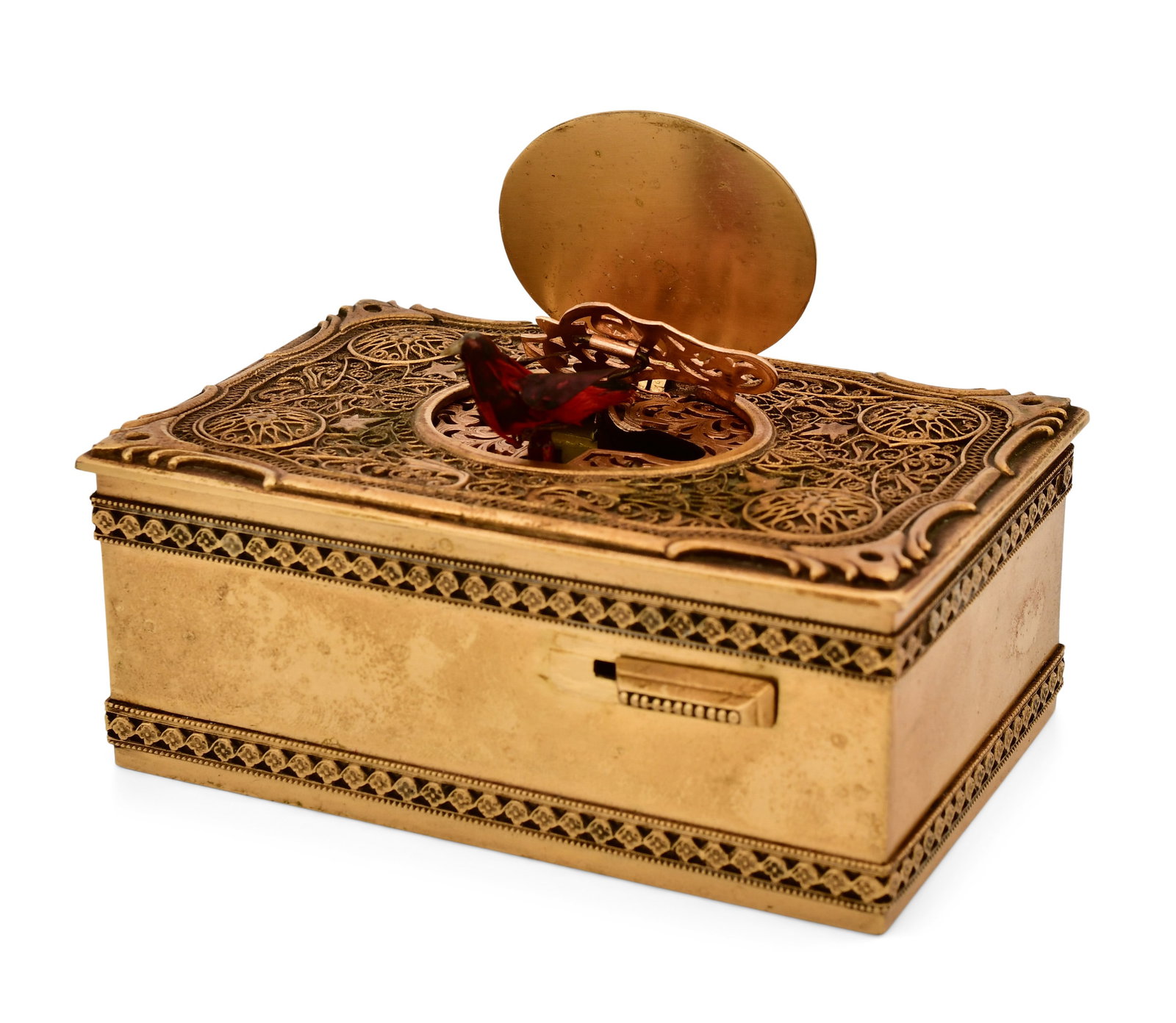 German Gilt Brass Singing Bird Box: German Gilt Brass Singing Bird Box early 20th century 1 3/4 x 4 1/4 x 2 3/4 inches Other Notes: Fontaine's Auction Gallery can arrange shipping for this item (USA only).
