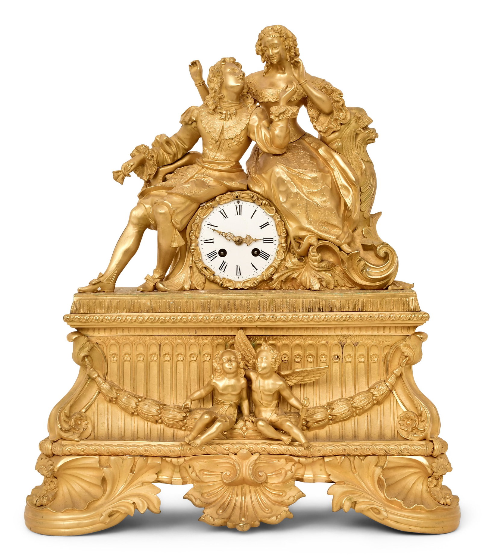 French Charles X Gilt Bronze Mantel Clock: French Charles X Gilt Bronze Mantel Clock early 19th century the porcelain dial with roman hour numerals, surmounted by a classical man and woman, the base with a cupid and putto seated on leaf and be