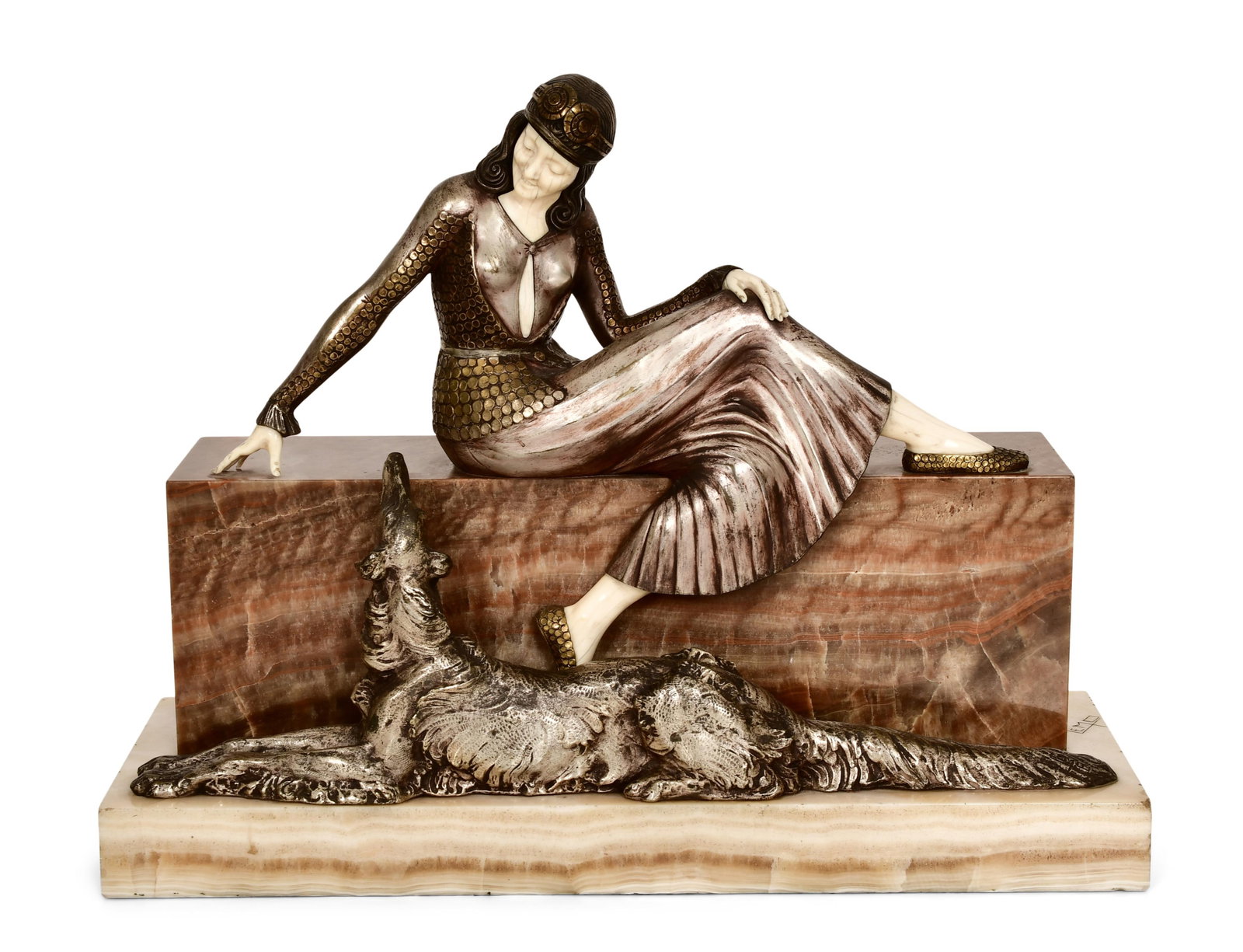Armand Lemo (French, 1881-1935), Woman Seated with Greyhound Sculpture: Armand Lemo (French, 1881-1935) Woman Seated with Greyhound gilt and cold-painted bronze, onyx signed "Lemo" 18 x 22 1/4 x 8 inches Provenance: Private Collection, New York