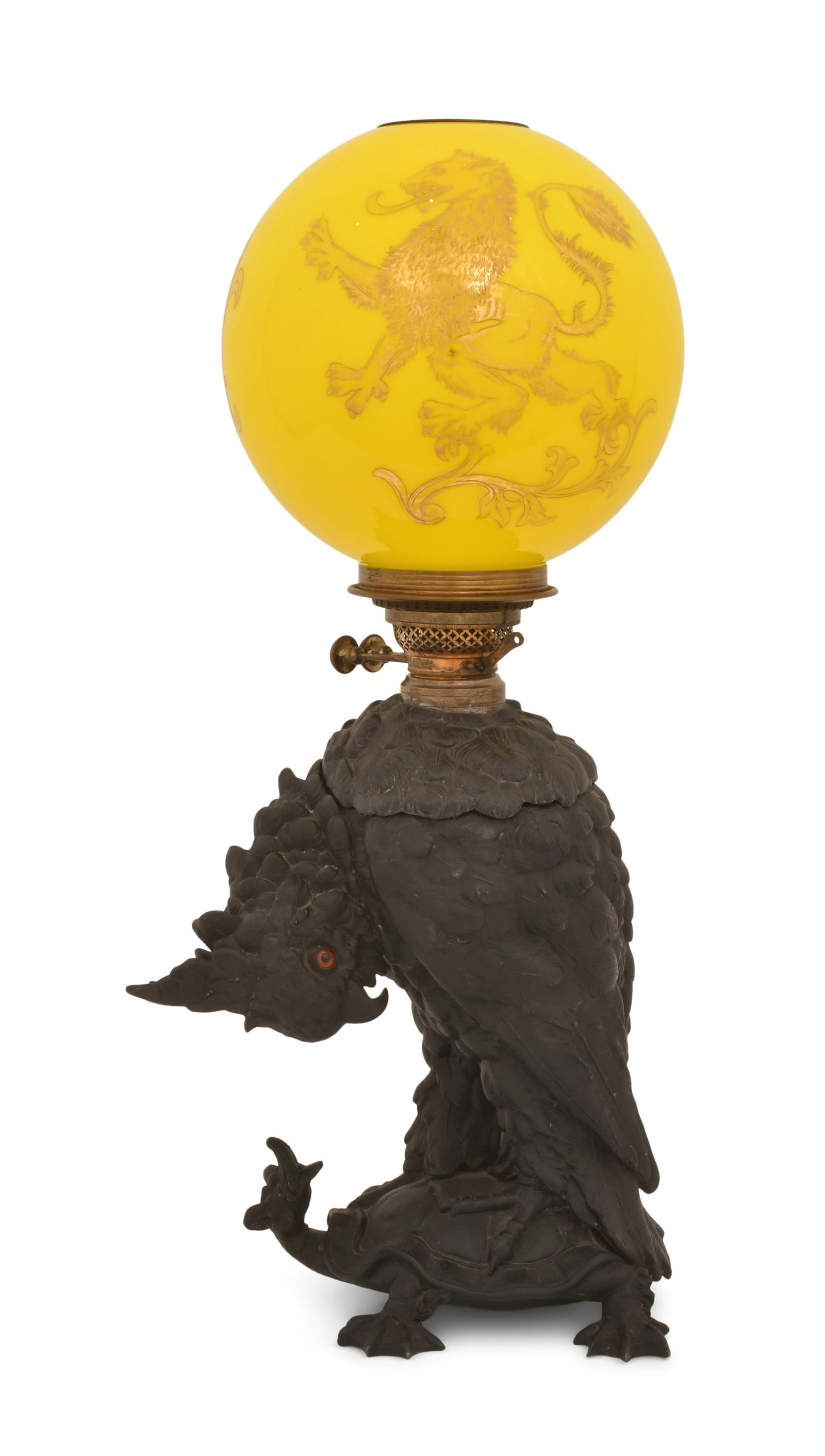 Craighead & Kintz Mfg. Co. "Cockatoo & Turtle" Oil Lamp: Craighead & Kintz Mfg. Co. "Cockatoo & Turtle" Oil Lamp circa 1890 spelter & brass, glass 26 x 11 1/2 x 8 inches