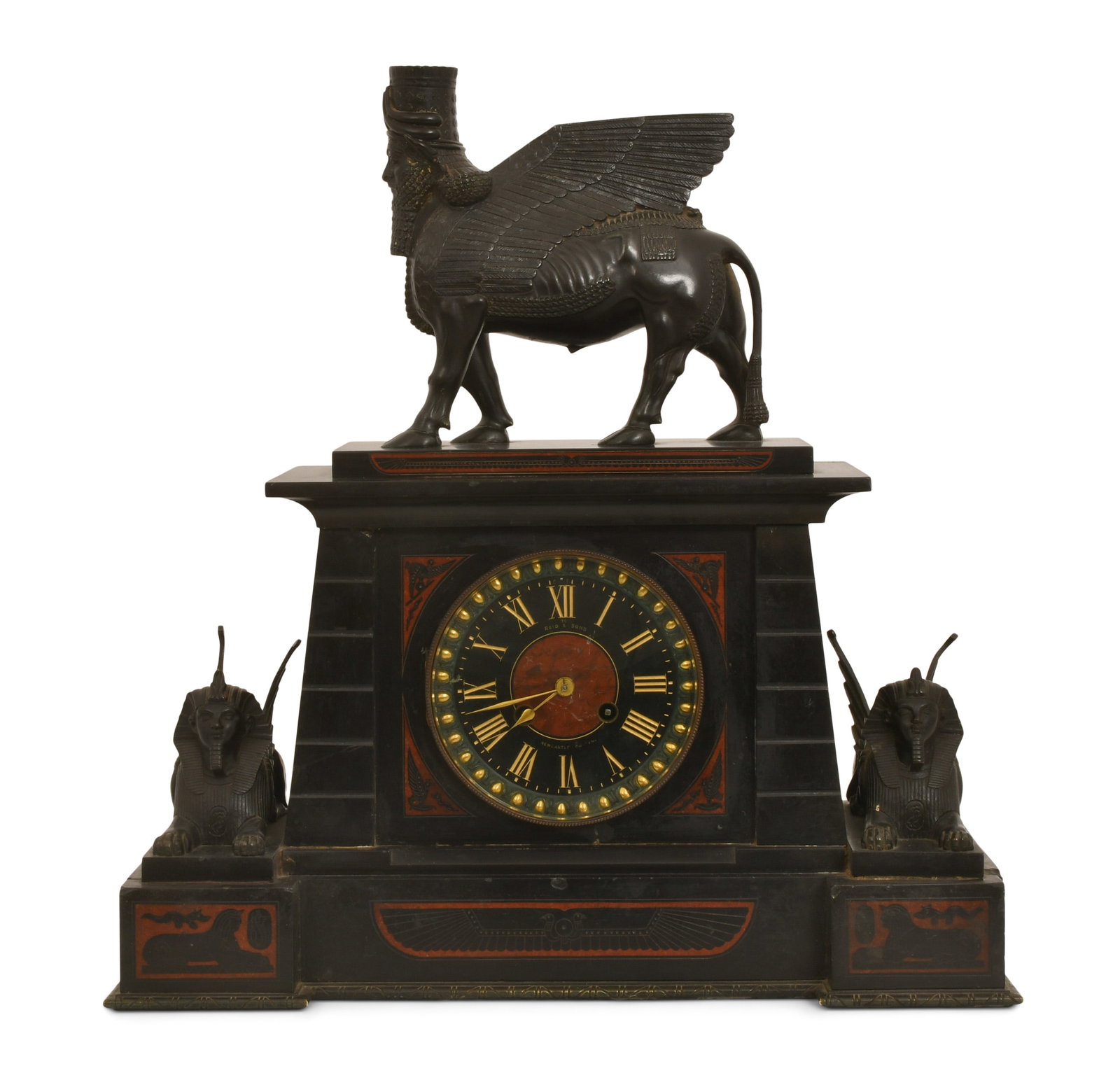French Egyptian Revival Marble & Bronze Mantel Clock, Retailed by Reid & Sons, Newcastle: French Egyptian Revival Marble & Bronze Mantel Clock, Retailed by Reid & Sons, Newcastle late 19th century the bronze and marble temple-form case surmounted and flanked with sphinxes, the dial with Ro