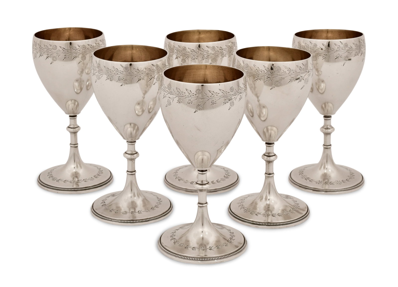 Set of Six Gorham Sterling Silver Goblets: Gorham Mfg. Co. Set of Six Goblets early 20th century sterling silver marked "(lion-anchor-G), Sterling, 565, E" 5 x 2 3/4 inches 24.42 troy ounces Provenance: Private Collection, New York Oth