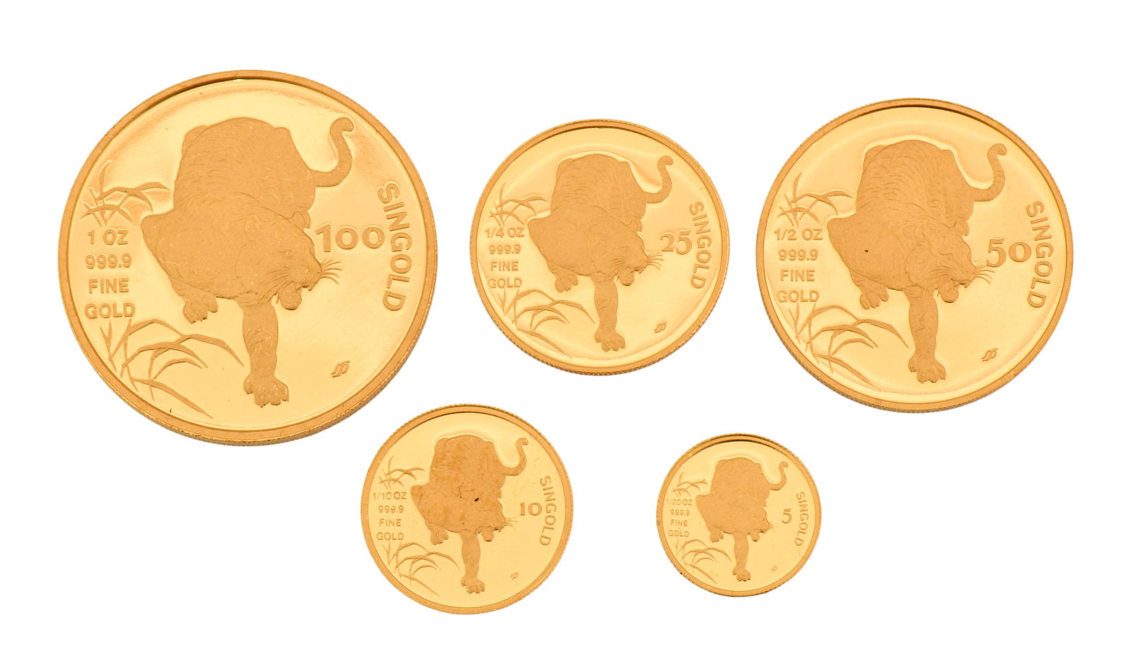 Group of 5 Singapore Mint Gold Coins, 100, 50, 25, 10 & 5: Group of 5 Singapore Mint Gold Coins, 100, 50, 25, 10 & 5 Provenance: Private Collection, Connecticut Other Notes: Fontaine's Auction Gallery can arrange shipping for this item (USA only).