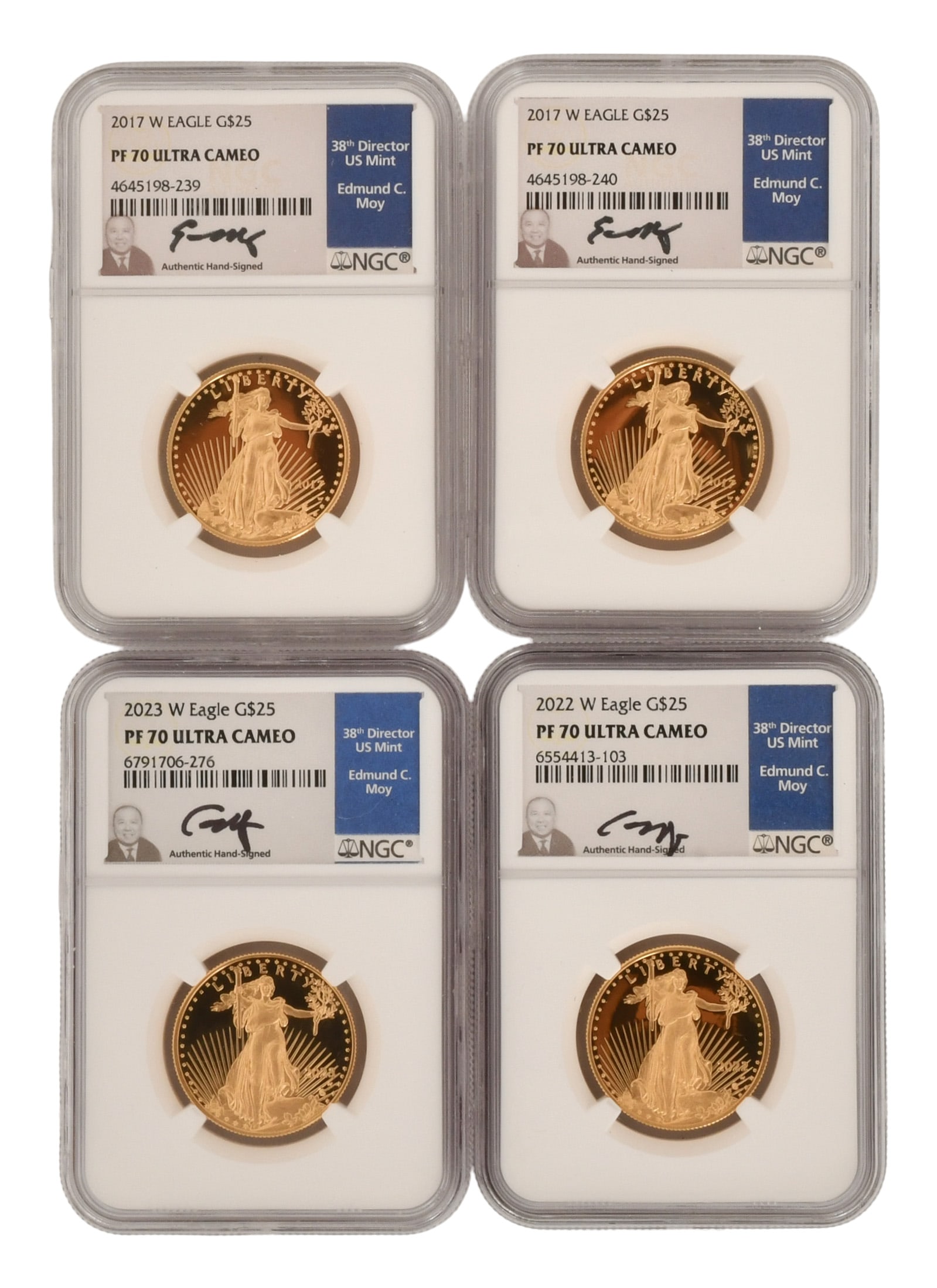 Four $25 Gold Eagle Coins, 2017, 2017, 2022 & 2023, PF 70 Ultra Cameo: Four $25 Gold Eagle Coins, 2017, 2017, 2022 & 2023, PF 70 Ultra Cameo Other Notes: Fontaine's Auction Gallery can arrange shipping for this item (USA only).