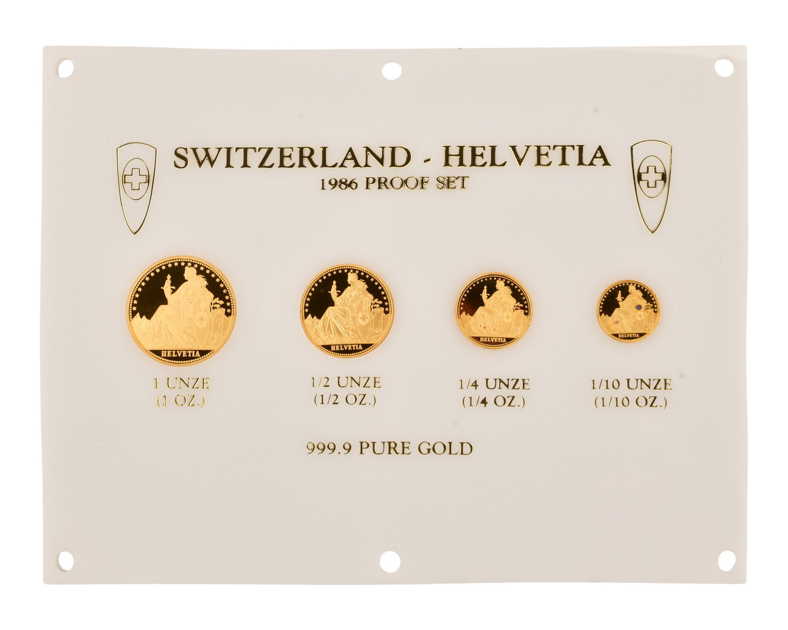 1986 Switzerland-Helvetia 4-Coin Gold Proof Set: 1986 Switzerland-Helvetia 4-Coin Gold Proof Set 8 1/4 x 6 1/4 inches Provenance: Private Collection, Connecticut Other Notes: Fontaine's Auction Gallery can arrange shipping for this item (USA only).
