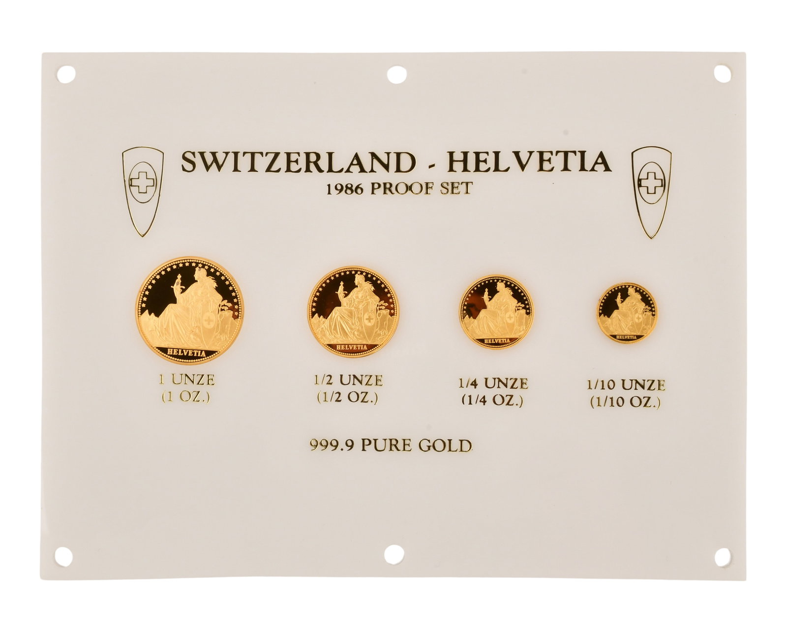 1986 Switzerland-Helvetia 4-Coin Gold Proof Set: 1986 Switzerland-Helvetia 4-Coin Gold Proof Set 6 x 8 inches Provenance: Private Collection, Connecticut Other Notes: Fontaine's Auction Gallery can arrange shipping for this item (USA only).