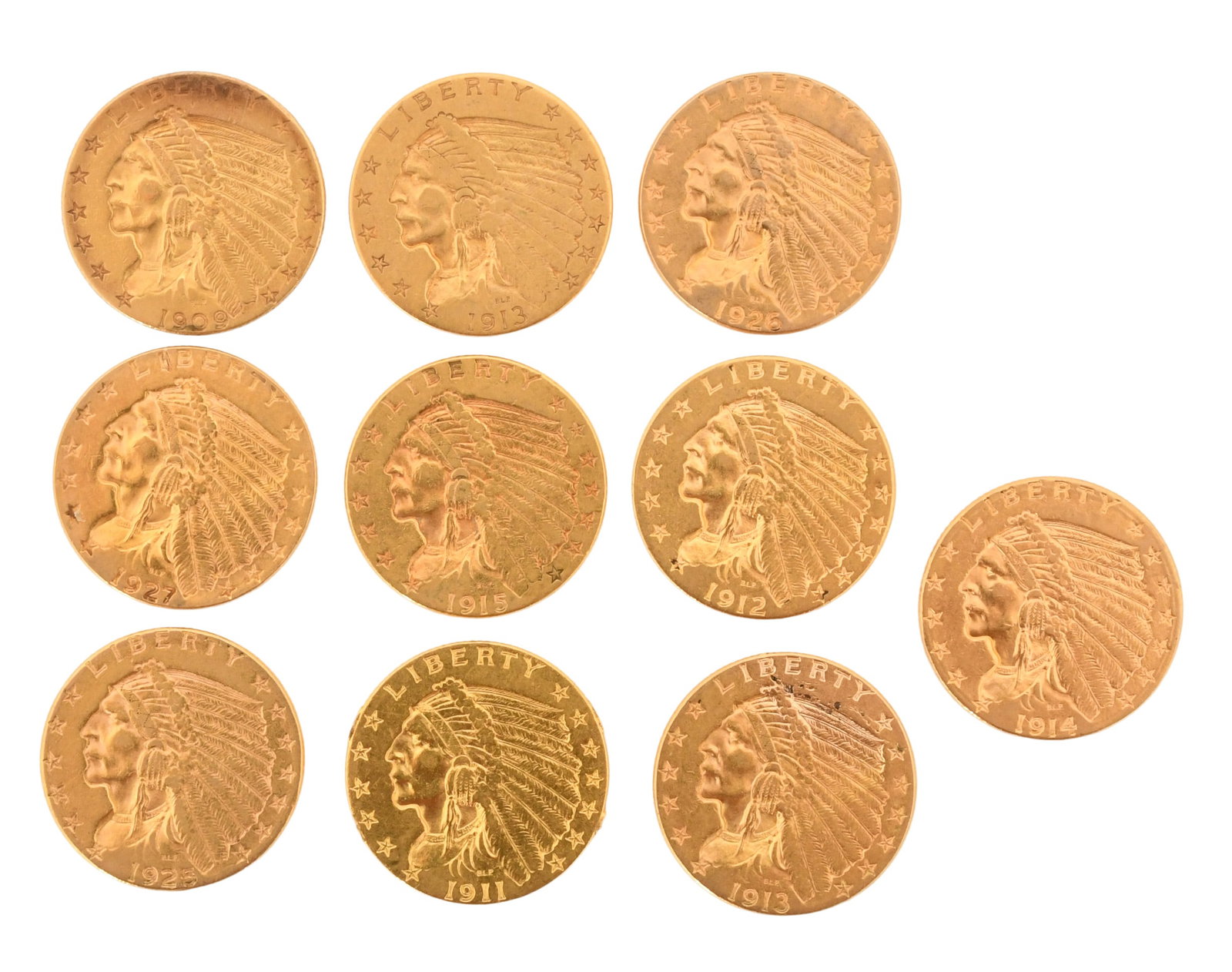 Ten American Indian Head $2.5 Gold Coins, 1909, 1911, 1912, 1913 (2), 1914, 1915, 1926, 1927 & 1925 (1 of 1)