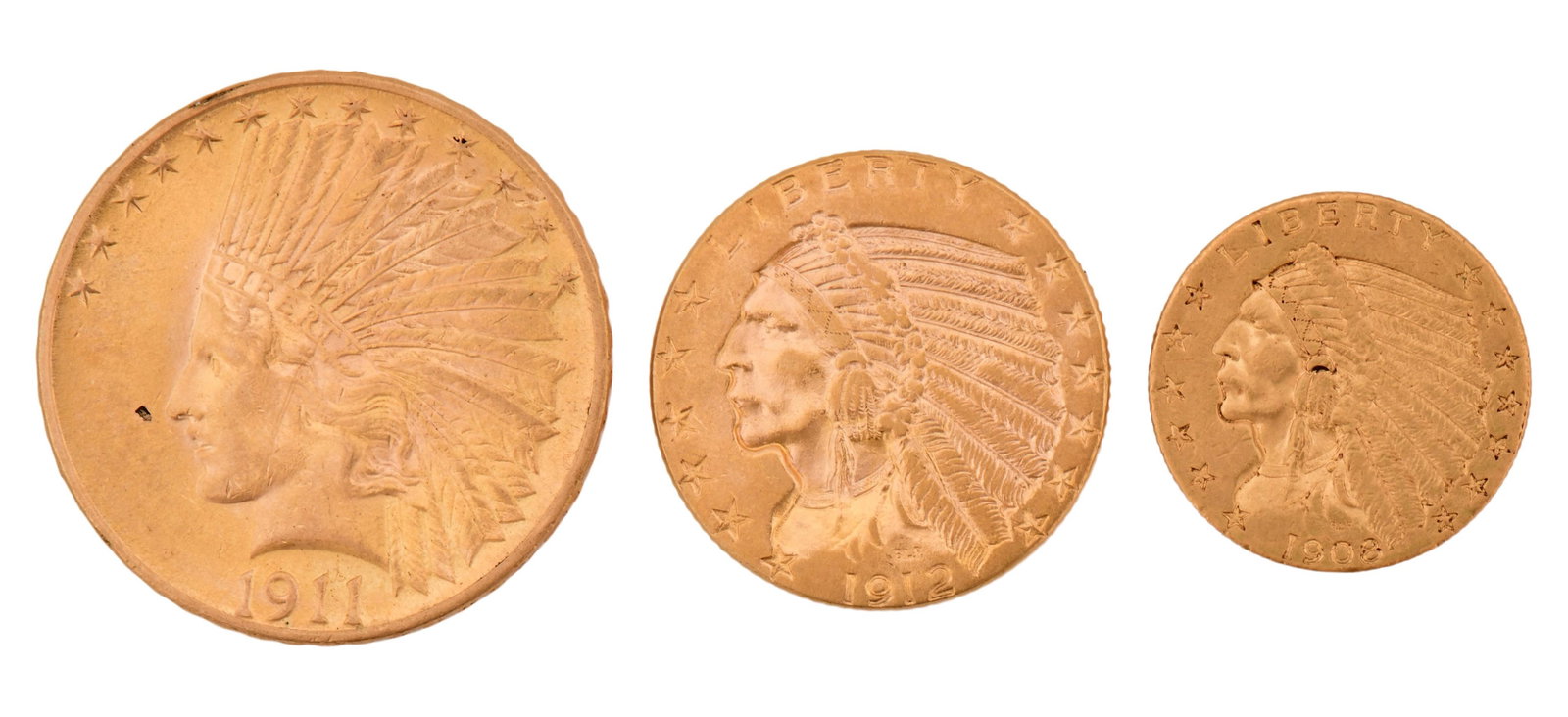 Three American Indian Head Gold Coins, 1911 $10, 1912 $5 & 1902 $2.5: Three American Indian Head Gold Coins, 1911 $10, 1912 $5 & 1902 $2.5 Provenance: Private Collection, Buffalo, New York