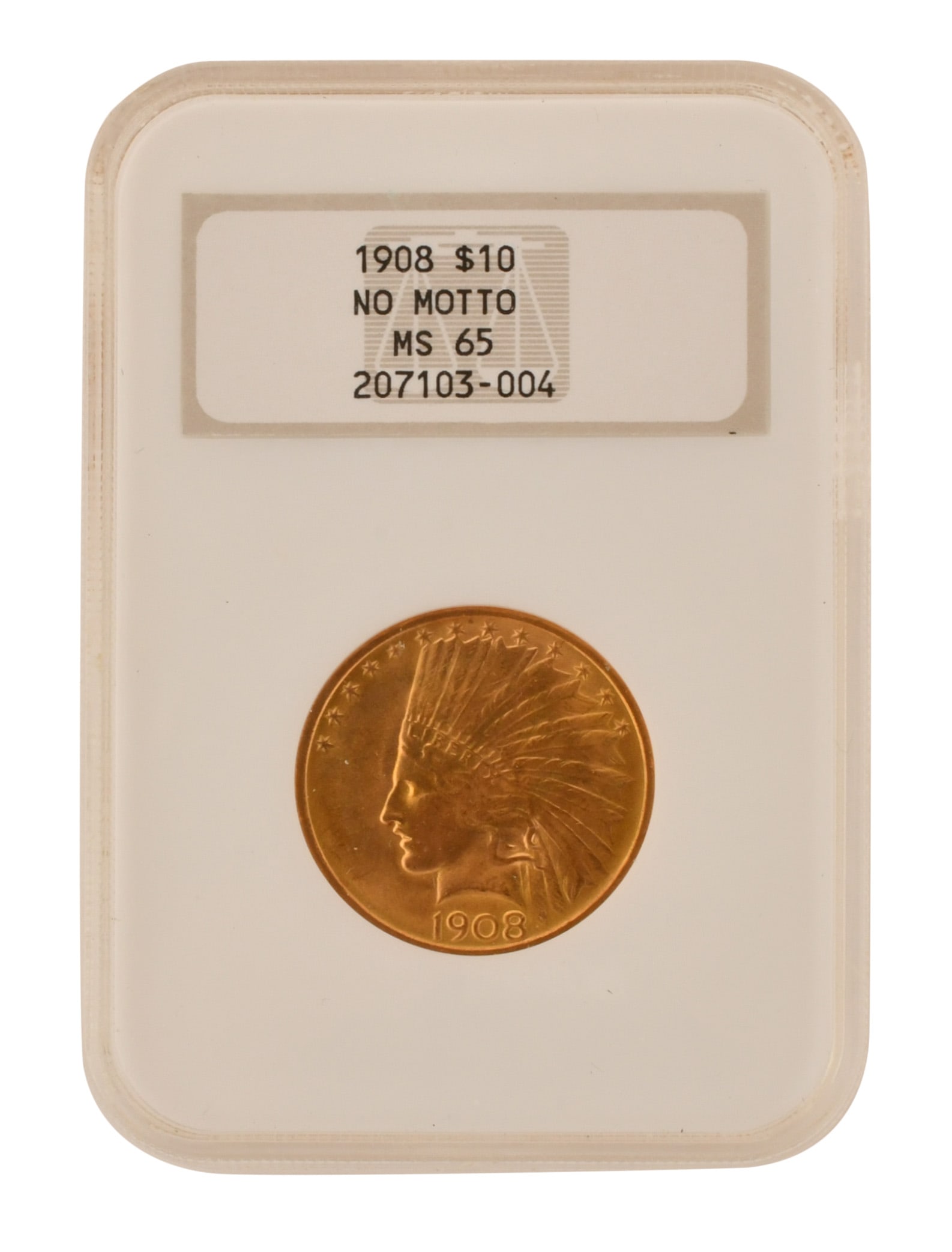 1908 $10 Gold Coin, No Motto MS65: 1908 $10 Gold Coin, No Motto MS65 Provenance: Private Collection, Connecticut Other Notes: Fontaine's Auction Gallery can arrange shipping for this item (USA only).
