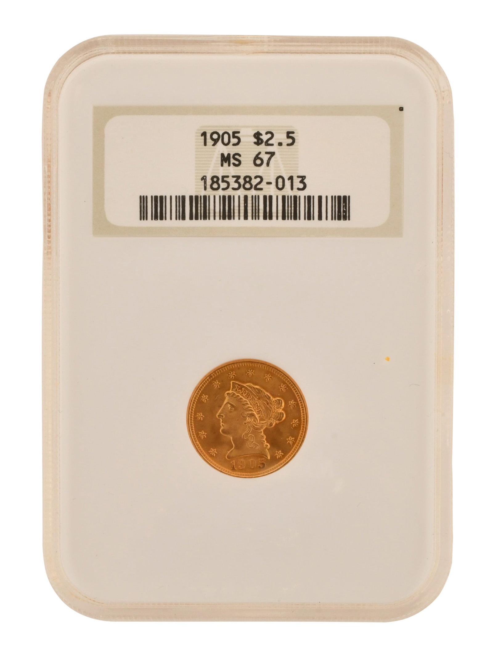 1905 $2.5 Gold Coin MS67: 1905 $2.5 Gold Coin MS67 Provenance: Private Collection, Connecticut Other Notes: Fontaine's Auction Gallery can arrange shipping for this item (USA only).