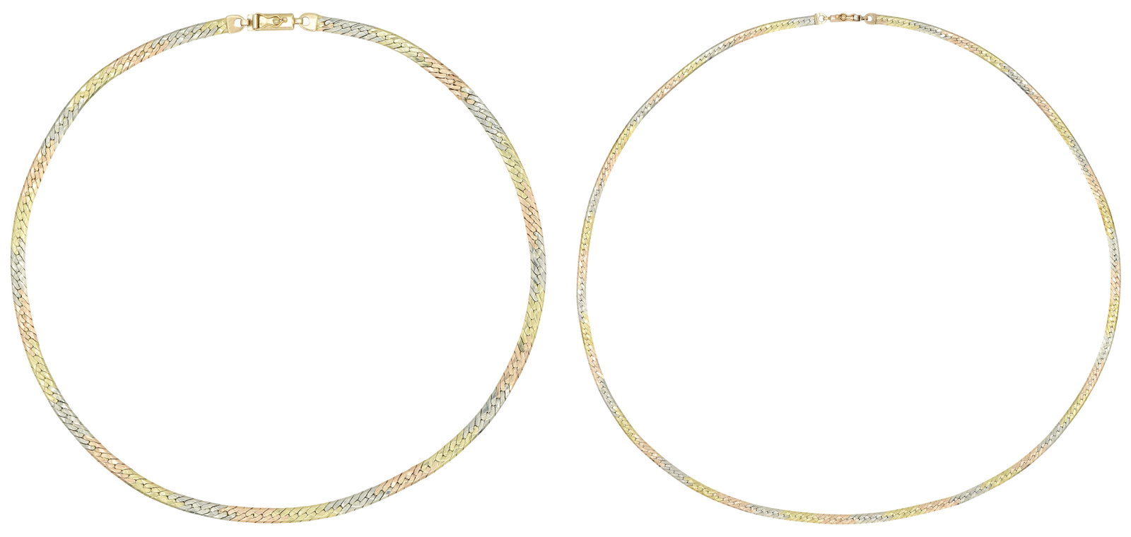 Two 14K Yellow, White & Rose Gold Italian Chain Necklaces: Two 14K Yellow, White & Rose Gold Italian Chain Necklaces • 24 1/2 inches (longest) • 29.0 dwt (total lot weight) Provenance: Private Collection, Connecticut Other Notes: Fontaine's Auction