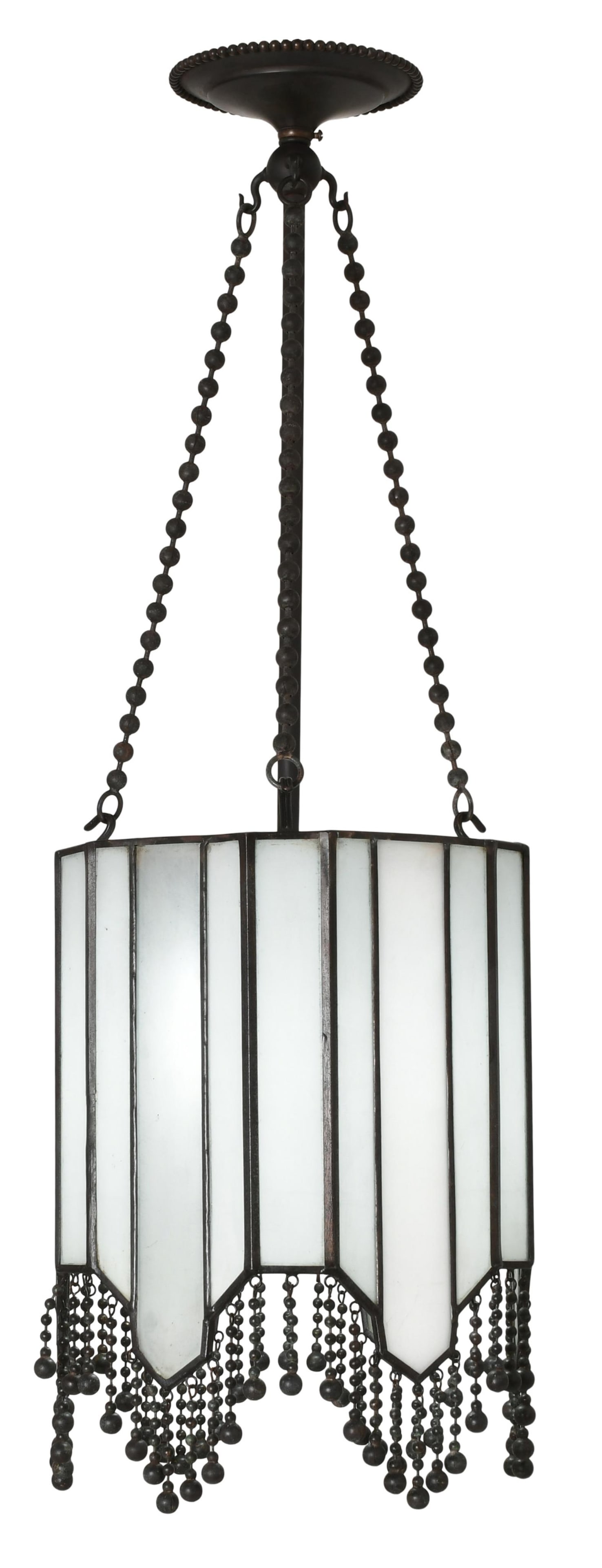 American Leaded Glass & Bronze Pendant Light: American Leaded Glass & Bronze Pendant Light early 20th century 31 1/2 x 11 inches