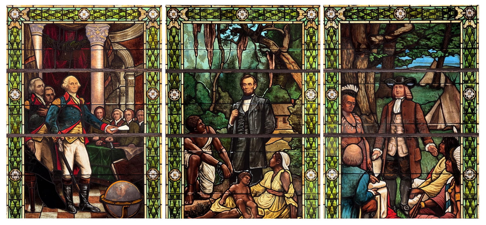 A Set of Three Fine American Leaded Glass Windows, George Washington, Abraham Lincoln & William Penn: A Set of Three Fine American Leaded Glass Windows, George Washington, Abraham Lincoln & William Penn circa 1890 the first depicting George Washington's Resignation as Commander-in-Chief, the window de