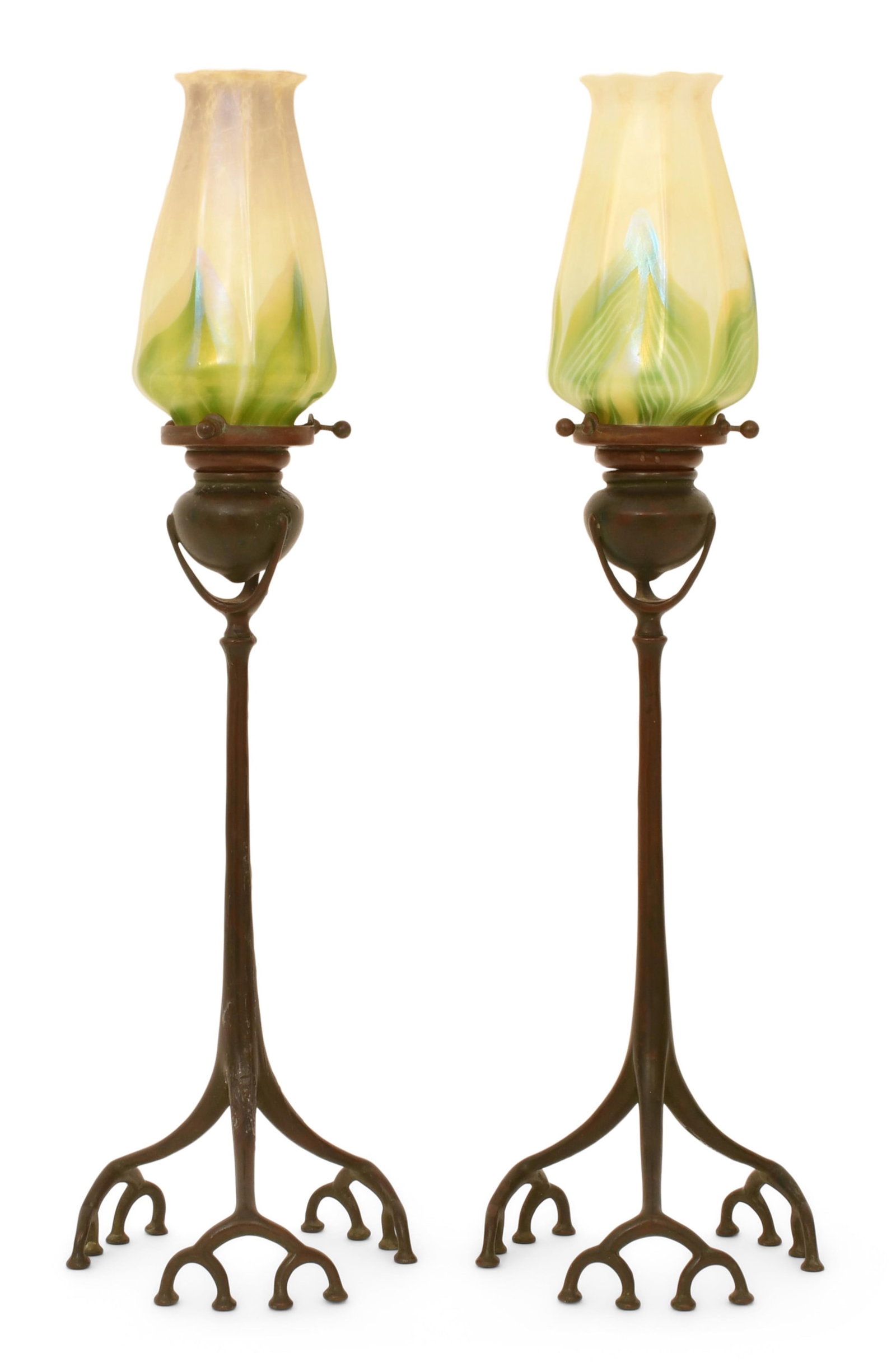Tiffany Studios, Pair of "Root" Candlesticks with "Pulled Feather" Shades (1 of 8)