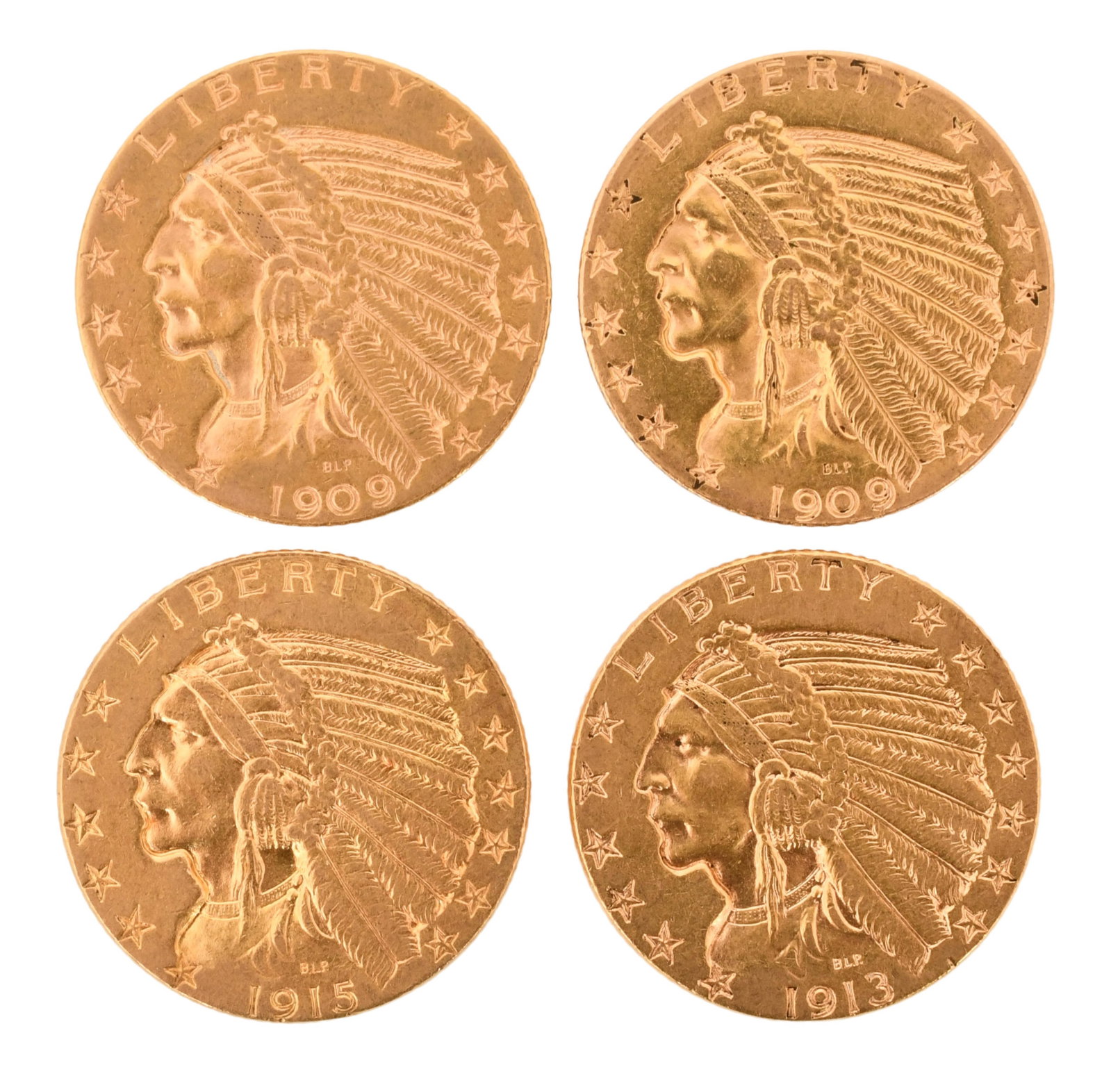 Four American Indian Head $5 Gold Coins, 1909-D (2), 1913 & 1915 (1 of 2)