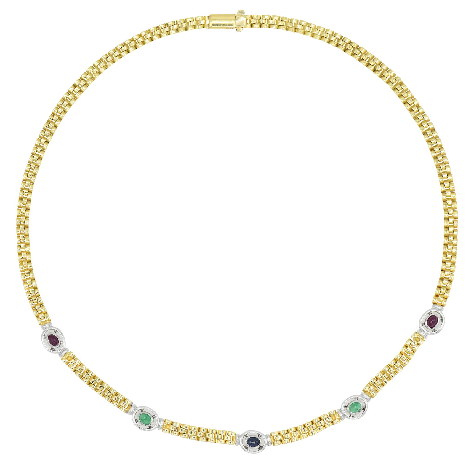 18K Yellow Gold & Gemstone Collar Necklace: 18K Yellow Gold & Gemstone Collar Necklace • set with sapphire, emerald & ruby cabochons weighing a total of 1.45 carats • 16 1/8 inches (length) • 17.4 dwt (total weight) Provenance: P