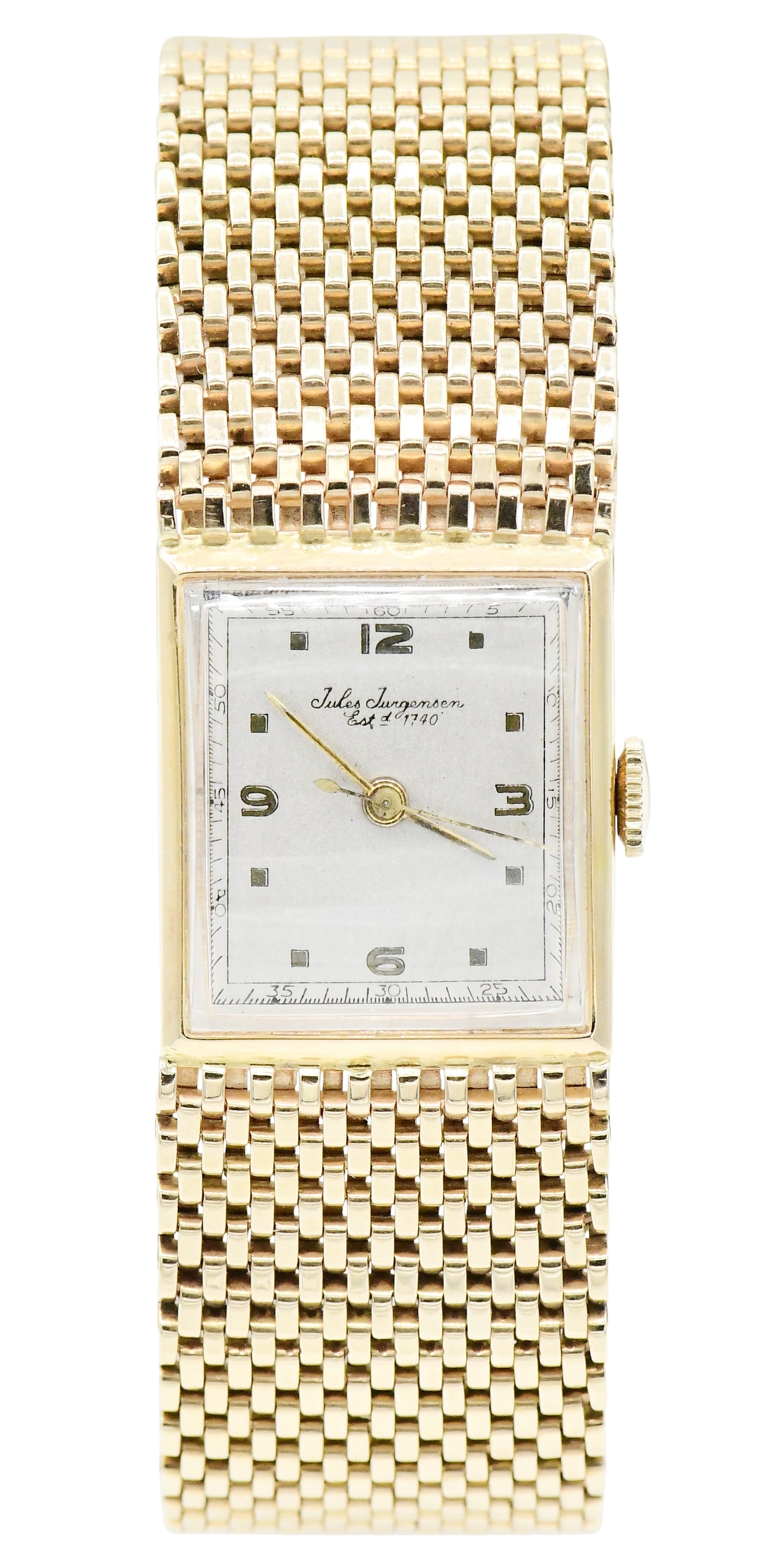 Jules Jurgensen 14K Yellow Gold Wrist Watch: Jules Jurgensen 14K Yellow Gold Wrist Watch Case: 14K yellow gold, 24mm x 21mm Dial: silvered, baton hands, outer minute track Bracelet: 14K yellow gold Movement: 17 jewels, unadjusted, No. 702403 Sig