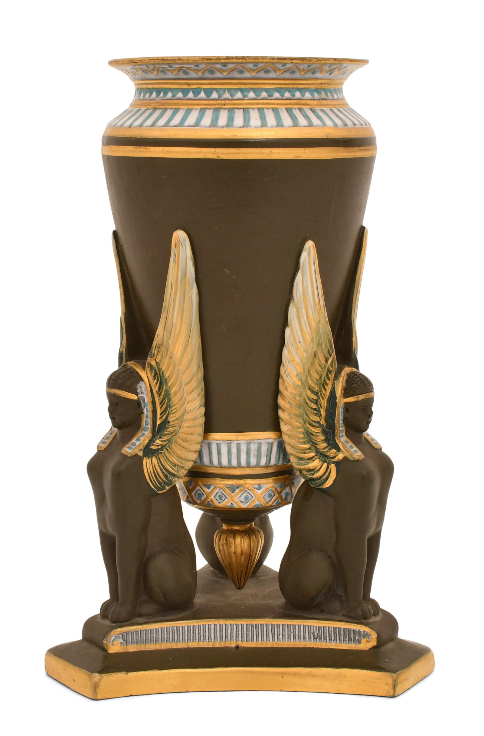 A Rare George Jones & Sons "Kumassie" Egyptian Revival Vase, Attributed to Christopher Dresser: A Rare George Jones & Sons "Kumassie" Egyptian Revival Vase, Attributed to Christopher Dresser circa 1874 pattern no. 4001, the earthenware body with enamel and gilt decoration, modeled as three winge