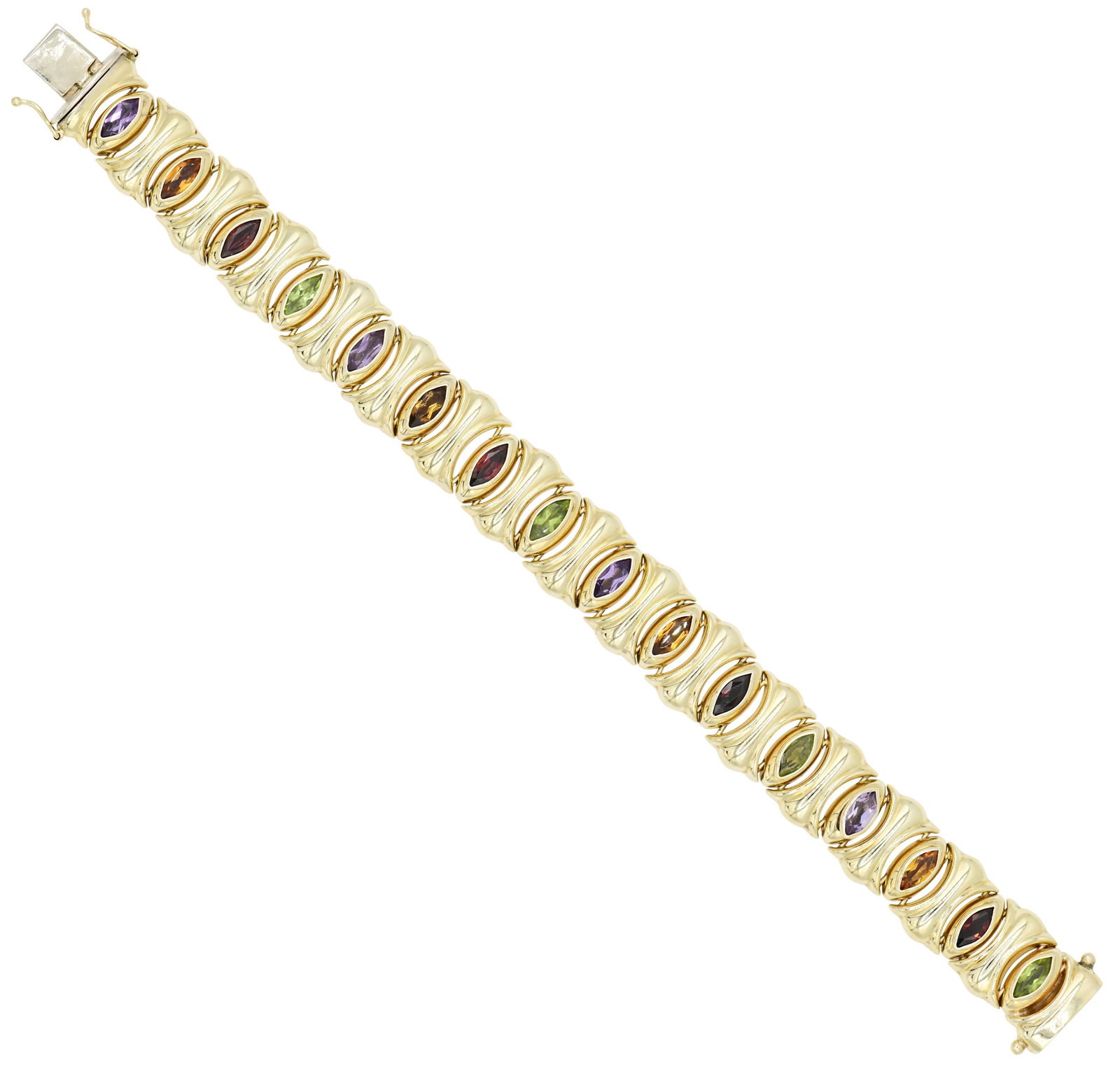 14K Yellow Gold & Gemstone Link Bracelet: 14K Yellow Gold & Gemstone Link Bracelet • set with marquise cut amethyst, citrine, red garnet & peridot weighing a total of 3.36 carats • 8 inches (length) • 20.9 dwt (total weight)