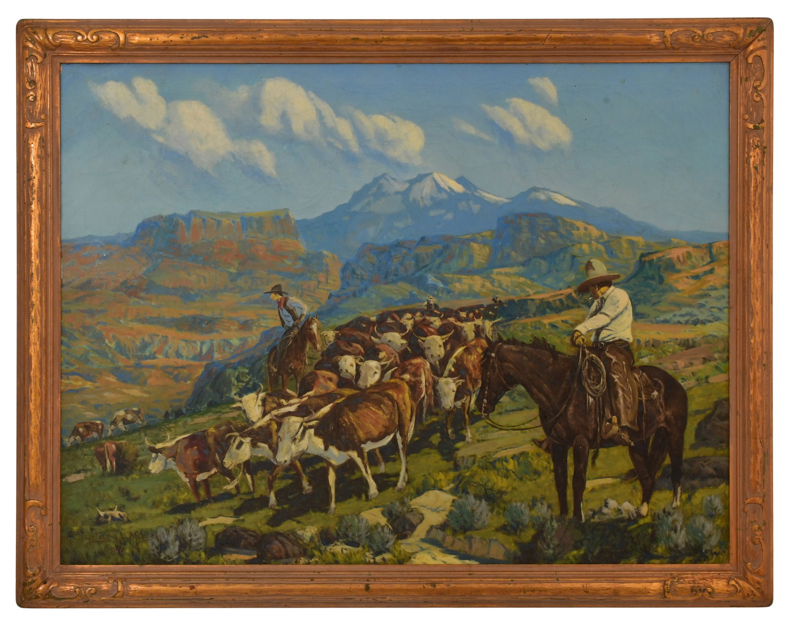 Courtney Miles (American, 1887-1975). Western Scene with Cowboys and Cattle (1 of 3)