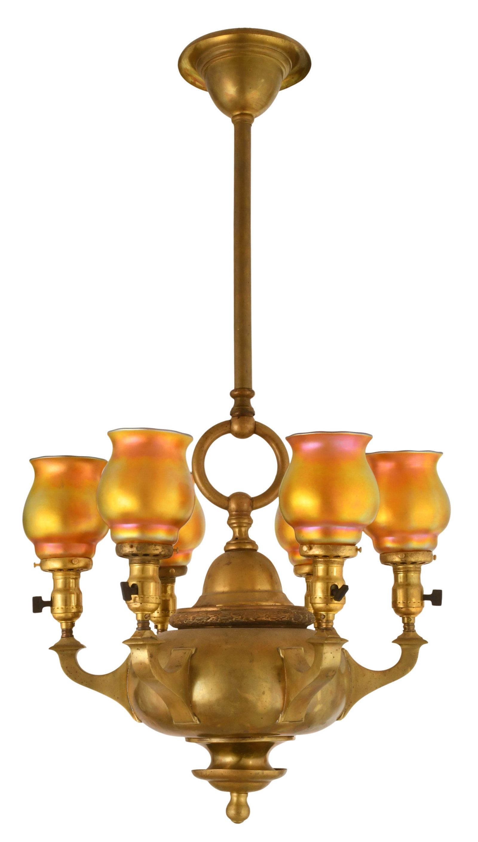 American Gilt Brass Six-Light Chandelier with Steuben Glass Shades (1 of 7)