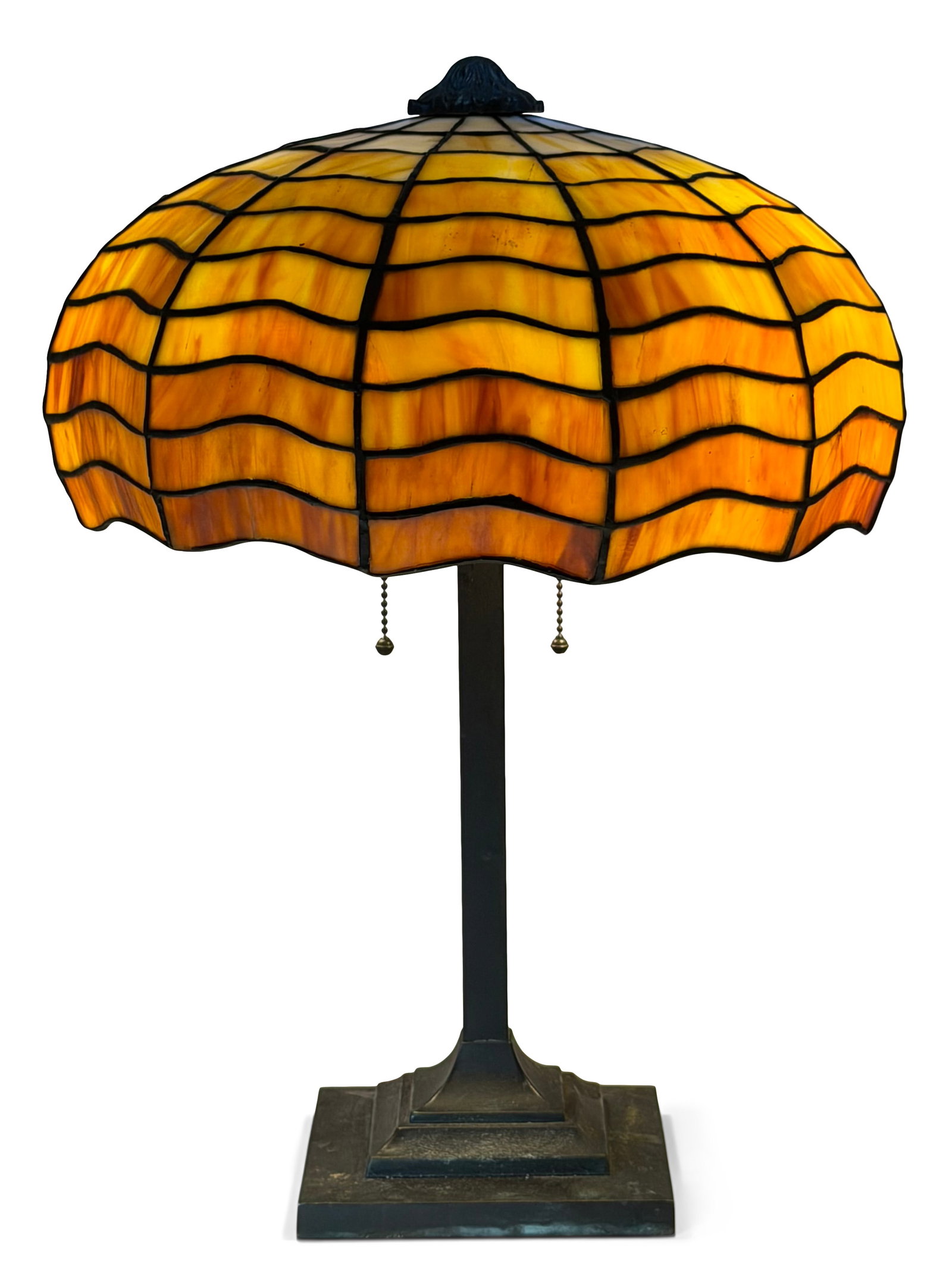 Gorham / Amboy Works Geometric Table Lamp: Gorham / Amboy Works Geometric Table Lamp early 20th century leaded glass, patinated metal 21 1/4 x 15 inches Provenance: Property from a Massachusetts Collector