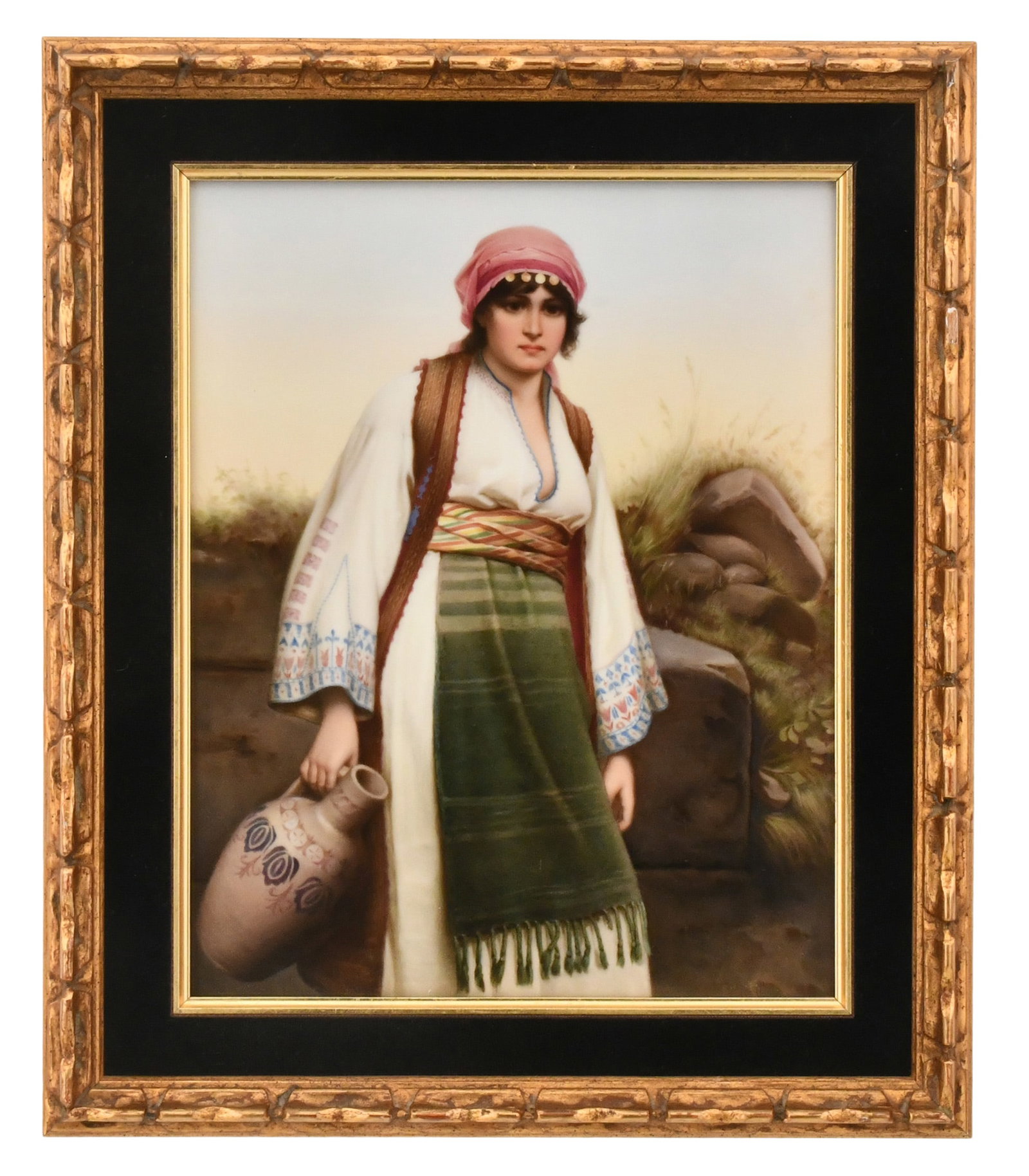Berlin (KPM) Porcelain Plaque of a Woman: Berlin (KPM) Porcelain Plaque of a Woman late 19th century the woman holding a jug by her side, impressed "K.P.M." with scepter mark over "H" 11 3/4 x 9 1/4 inches (sight) 16 x 13 1/2 inches (frame)