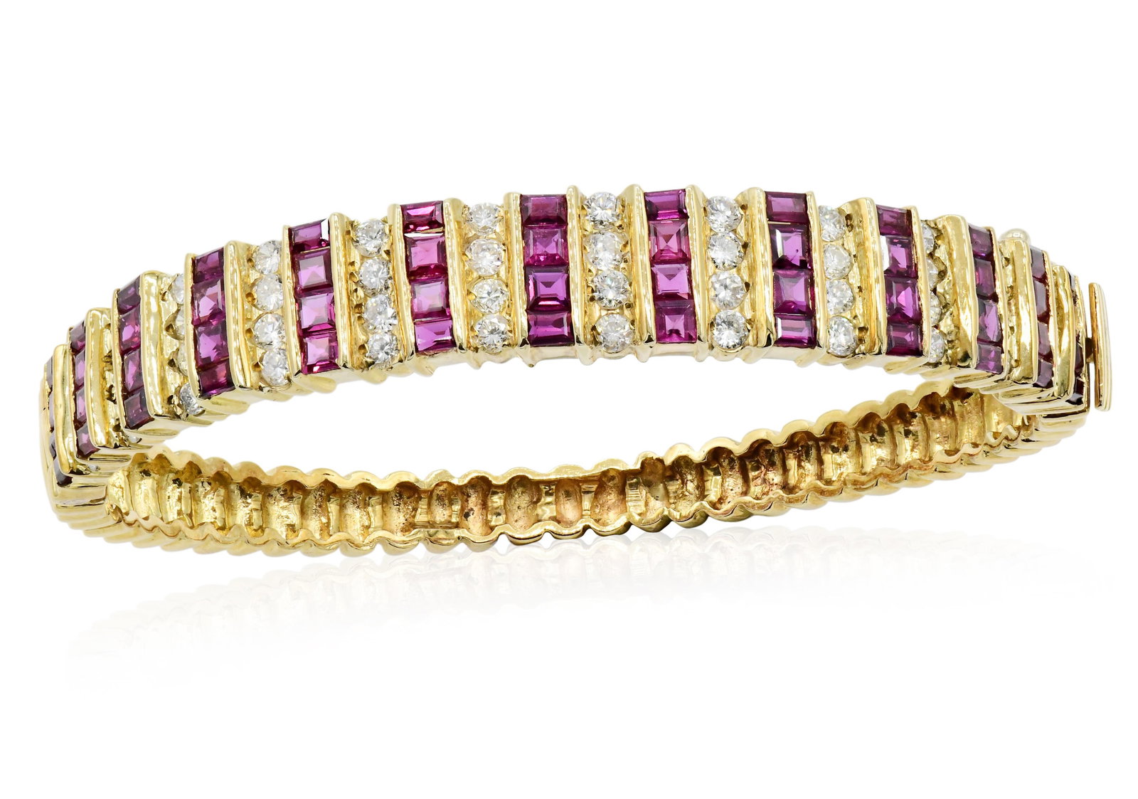 18K Yellow Gold, Diamond & Ruby Bracelet: 18K Yellow Gold, Diamond & Ruby Bracelet • set with round brilliant diamonds weighing a total of 4.68 carats • accented by faceted square rubies weighing a total of 1.92 carats • 7 i