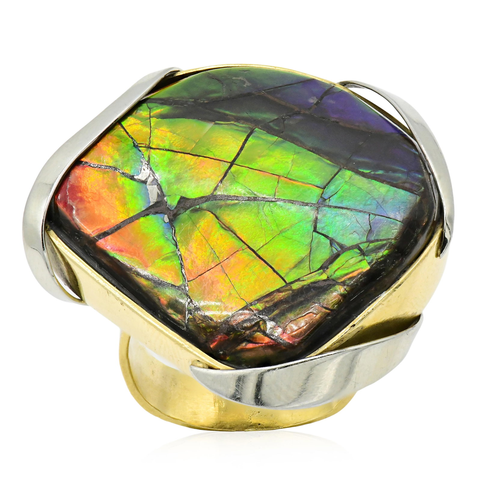 18K Yellow Gold, White Gold & Ammolite Ring: 18K Yellow Gold, White Gold & Ammolite Ring • featuring an ammolite fossil measuring approximately 30 x 30 x 7.45 mm • 8 1/2 (ring size) • 15.2 dwt (total weight) Provenance: Private