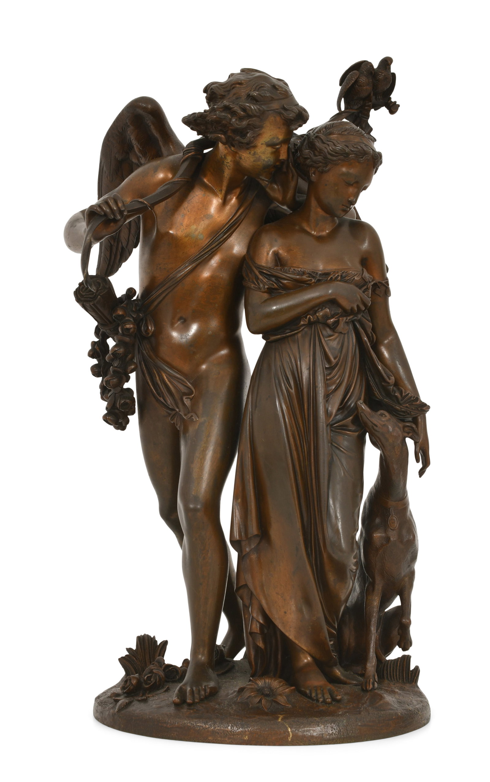 Auguste Joseph Carrier (French, 1800-1875), Sculpture of Cupid with a Woman, Dog & Birds: Auguste Joseph Carrier (French, 1800-1875) Sculpture of Cupid with a Woman, Dog & Birds patinated bronze signed "Carrier" 19 1/2 x 11 x 8 1/2 inches Provenance: Private Collection, New York