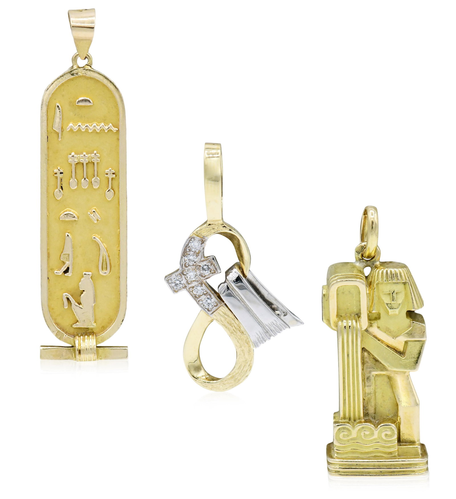 Group of Three 18K Yellow Gold Pendants: Group of Three 18K Yellow Gold Pendants • Egyptian cartouche pendant, 2 inches (length) • Egyptian pharaoh pendant, 1 3/8 inches (length) • Wayne B. Light diamond infinity pendant, 1