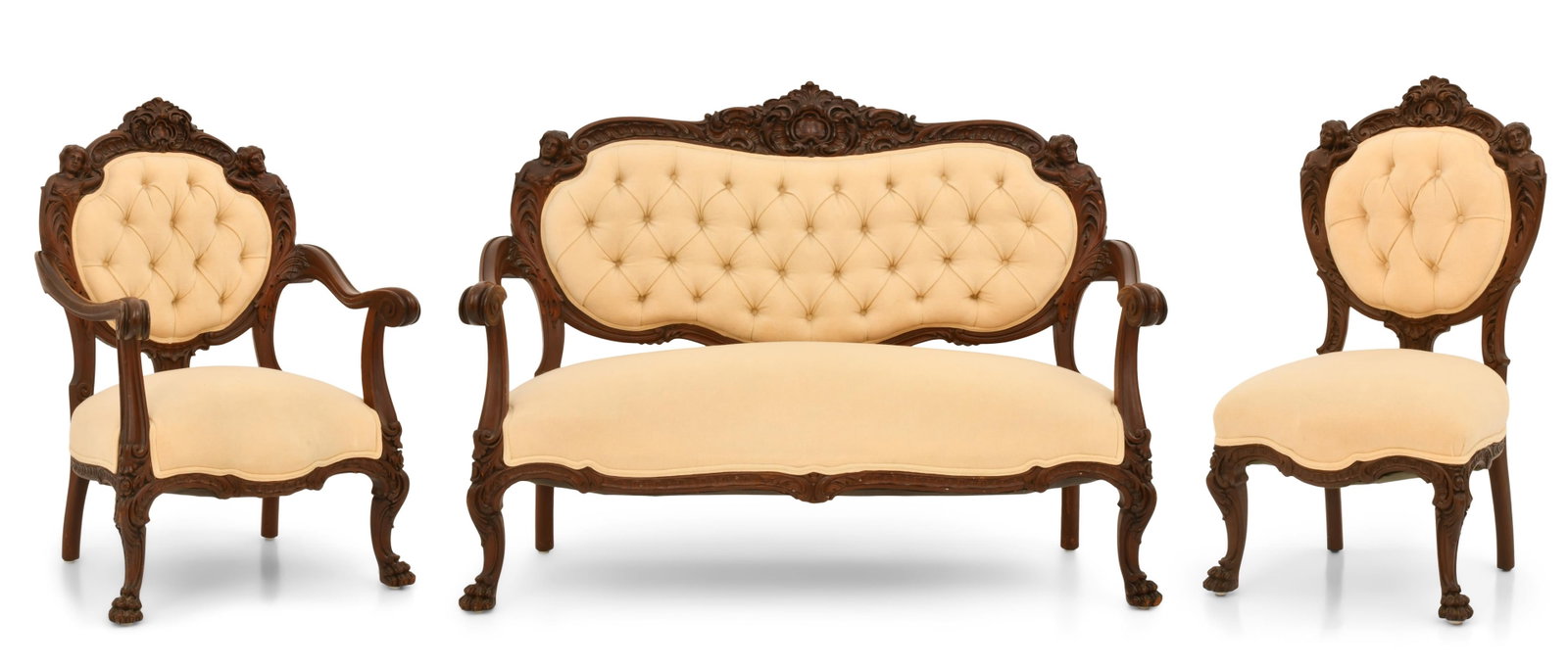 S. Karpen & Bros. Three-Piece Figural Parlor Set: S. Karpen & Bros. (Chicago, IL, 1880-1951) Three-Piece Figural Parlor Set early 20th century mahogany 44 x 56 x 23 inches (sette) 43 1/2 x 29 1/2 x 23 inches (armchair) 41 x 29 1/2 x 17 inches (side c