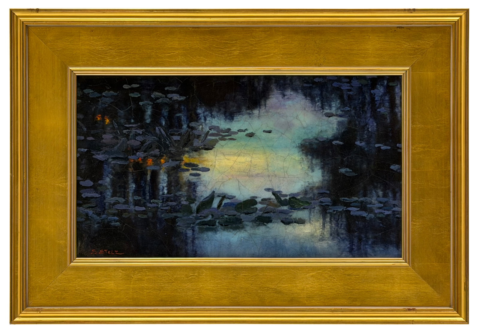 Stelz Studios Pate de Verre Reflective Pond Plaque: Stelz Studios (New Jersey, est. 1980) Steven Stelz (artist) Reflective Pond early 21st century pate de verre on porcelain signed "S. Stelz" (lower left) and with monogram (verso) 12 x 21 inches (plaqu
