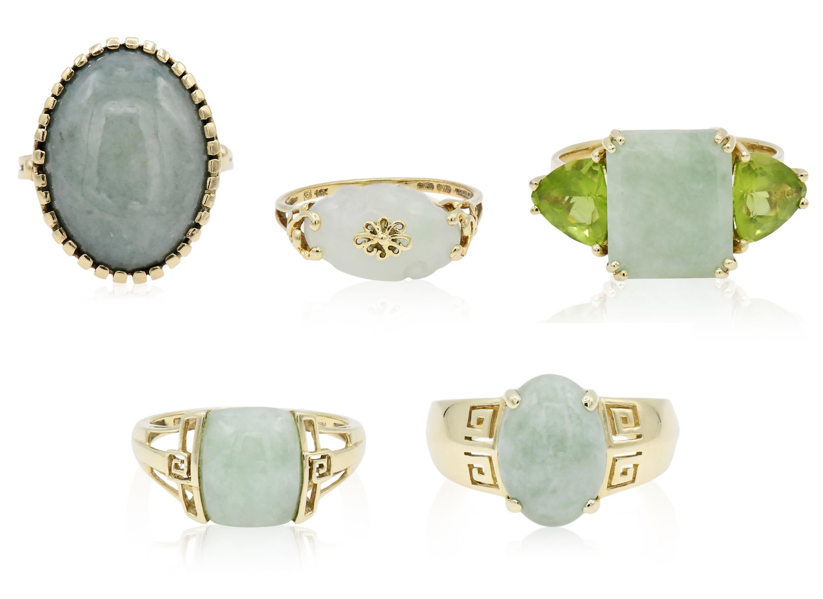 Group of Five 14K Yellow Gold & Jade Rings: Group of Five 14K Yellow Gold & Jade Rings • 10 1/2 (largest ring size) • 17.6 dwt (total lot weight) Provenance: Private Collection, Connecticut Other Notes: Fontaine's Auction Gallery ca