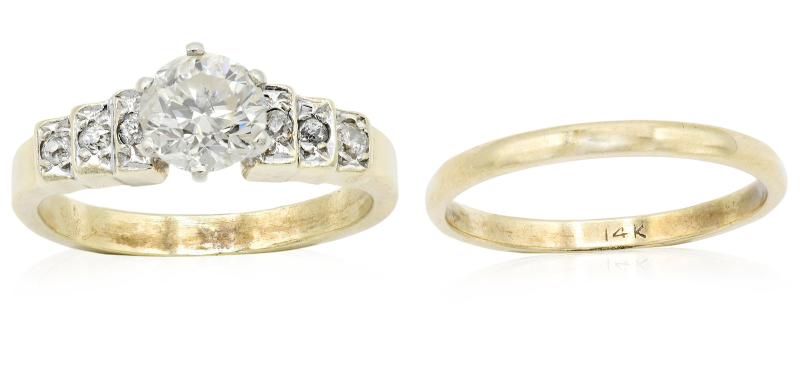 14K Yellow Gold & Diamond Engagement Ring Set: 14K Yellow Gold & Diamond Engagement Ring Set • featuring a 1.00 carat round brilliant diamond • accented with a round brilliant and mine cut diamonds weighing a total of 0.11 carats ̶