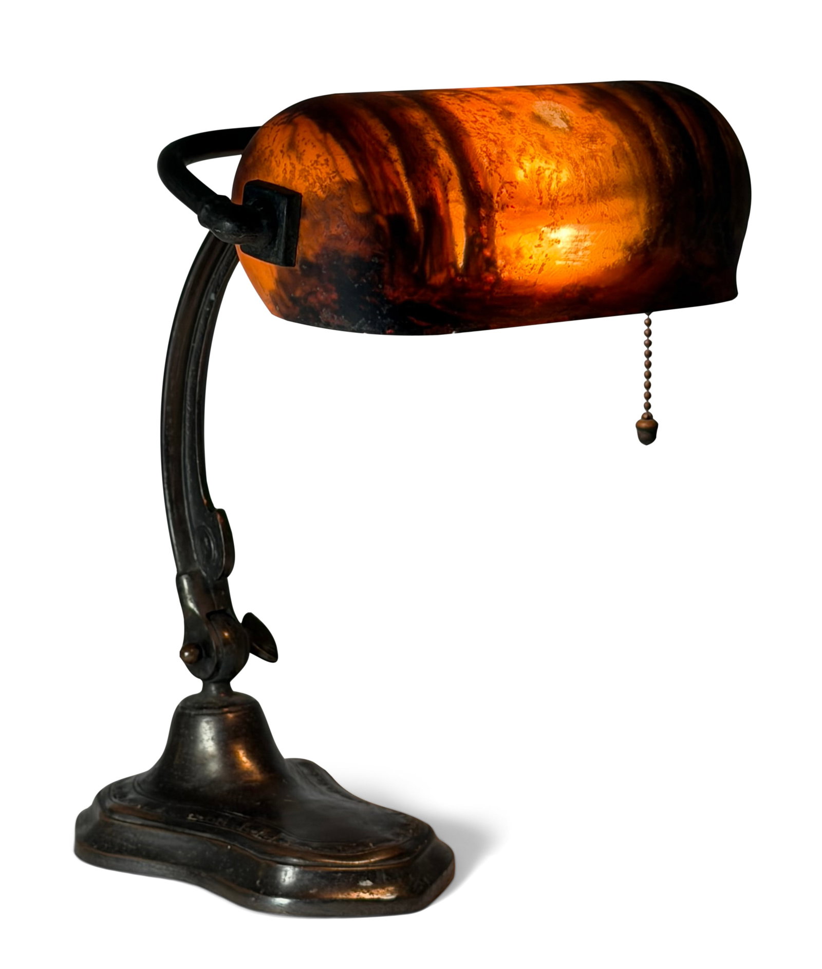 Handel Scenic Desk Lamp: Handel Company (Connecticut/New York, 1885-1936) Scenic Desk Lamp circa 1915 reverse painted glass, patinated metal shade marked "Handel Co. 6597" base with cloth tag "Handel Lamps" 13 x 10 1/4 x 11 1