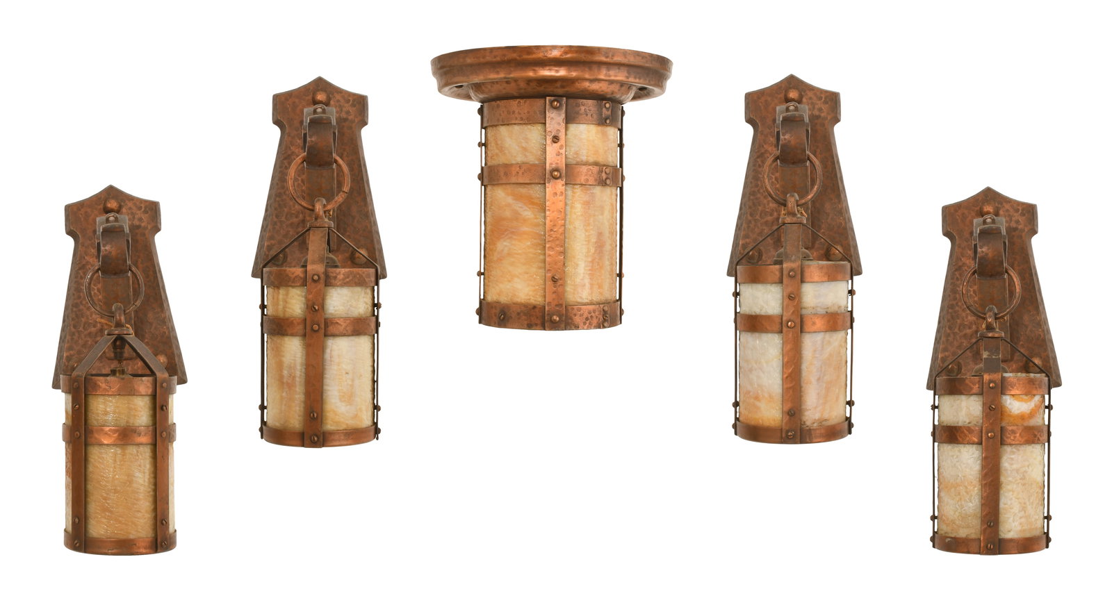 American Arts & Crafts Hammered Copper & Glass Set of Four Sconces & Hall Light (1 of 13)