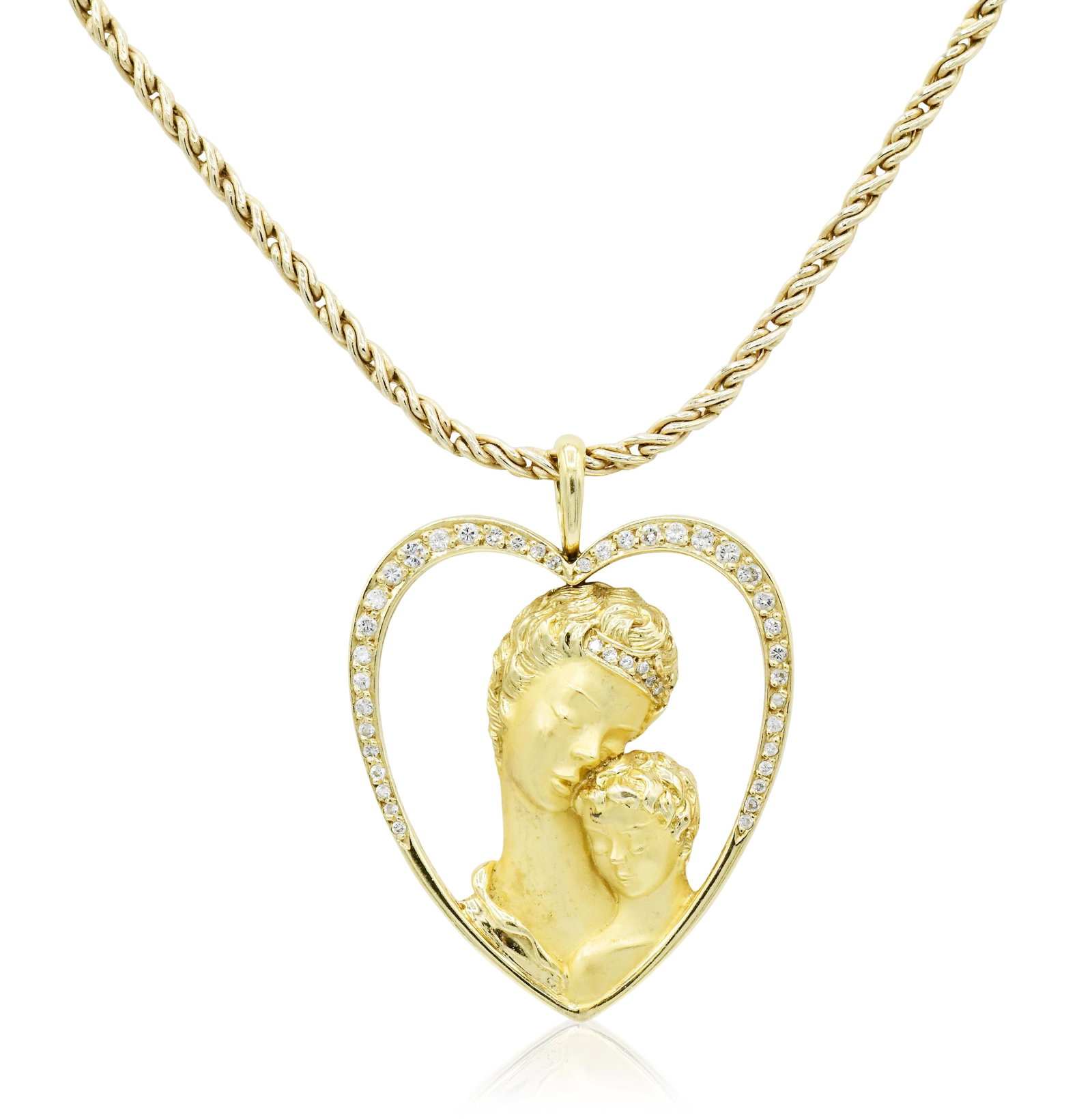 Yellow Gold & Diamond Mother/Child Heart Pendant Necklace: Yellow Gold & Diamond Mother/Child Heart Pendant Necklace • set with round brilliant diamonds weighing a total of 0.31 carats • 18K yellow gold pendant • 14K yellow gold chain •