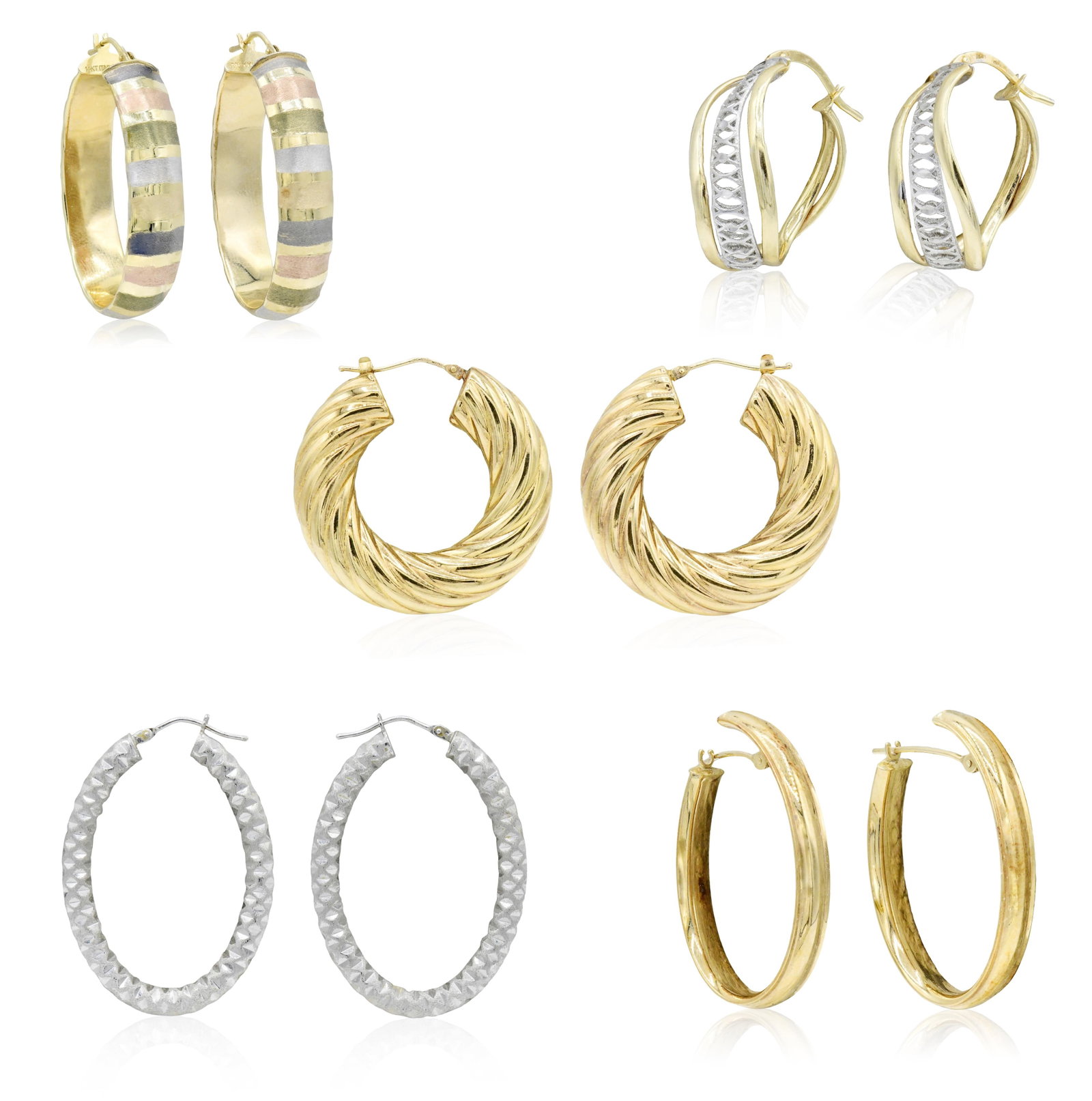 Five Pairs of Gold Hoop Earrings: Five Pairs of Gold Hoop Earrings • 18K yellow gold earrings, 1 1/4 inches (length) • 14K yellow & white gold earrings, 1 inch (length) • 14K yellow gold earrings, 1 7/16 inches (leng