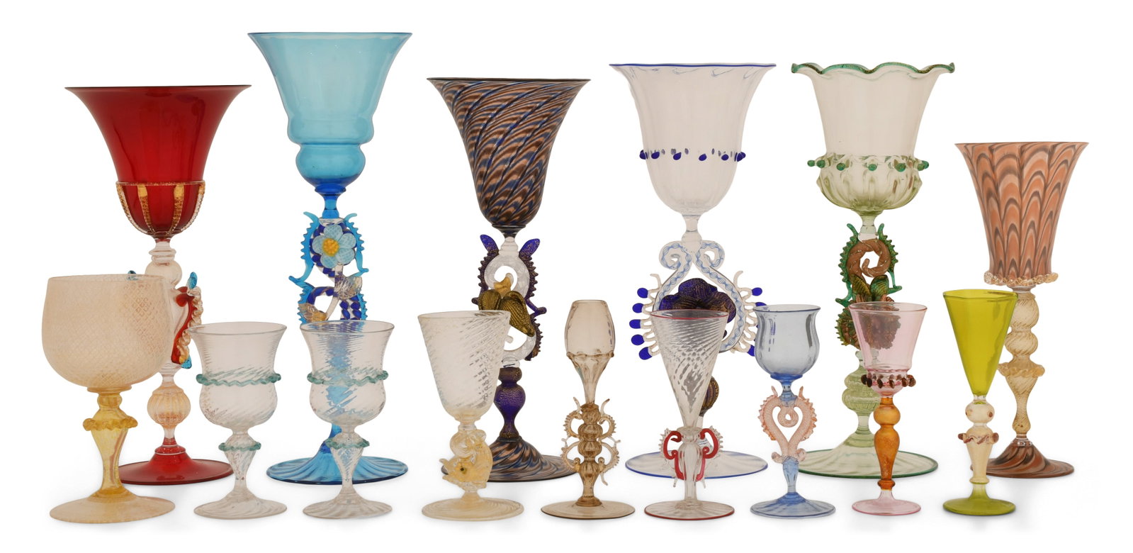 Lot of 15 Venetian Glass Cordials: Lot of 15 Venetian Glass Cordials 20th century 12 3/4 x 4 3/4 inches (larger) 5 x 2 3/4 inches (smaller) Provenance: Private Collection, New Jersey