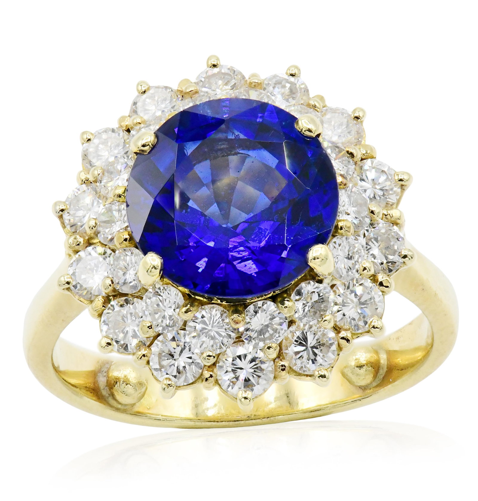 14K Yellow Gold, Diamond & Sapphire Ring: 14K Yellow Gold, Diamond & Sapphire Ring • featuring a 4.25 carat faceted round sapphire • accented by round brilliant diamonds weighing a total of 1.54 carats • 7 1/4 (ring size) &#