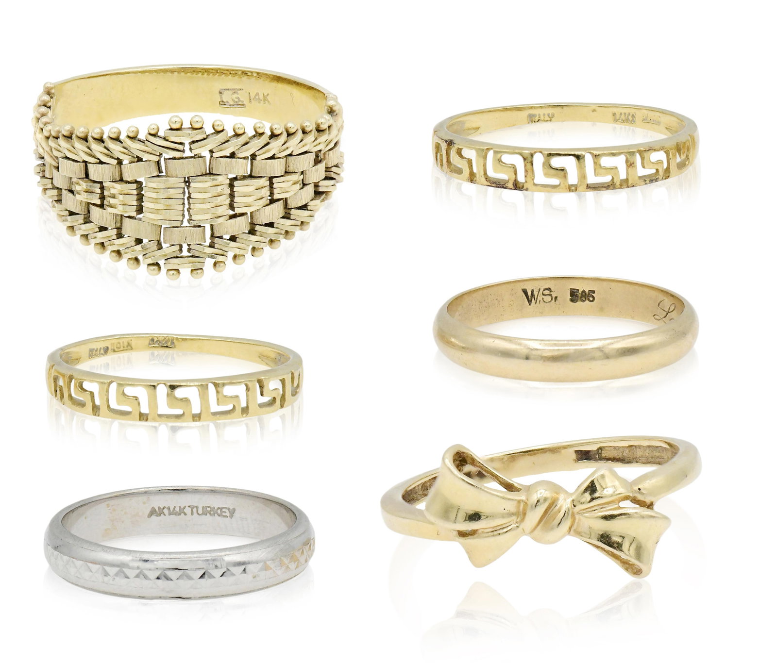 Group of Six 14K Gold Rings: Group of Six 14K Gold Rings • five yellow gold rings • one white gold ring • 13 (largest ring size) • 9.4 dwt (total lot weight) Provenance: Private Collection, Connecticut Oth