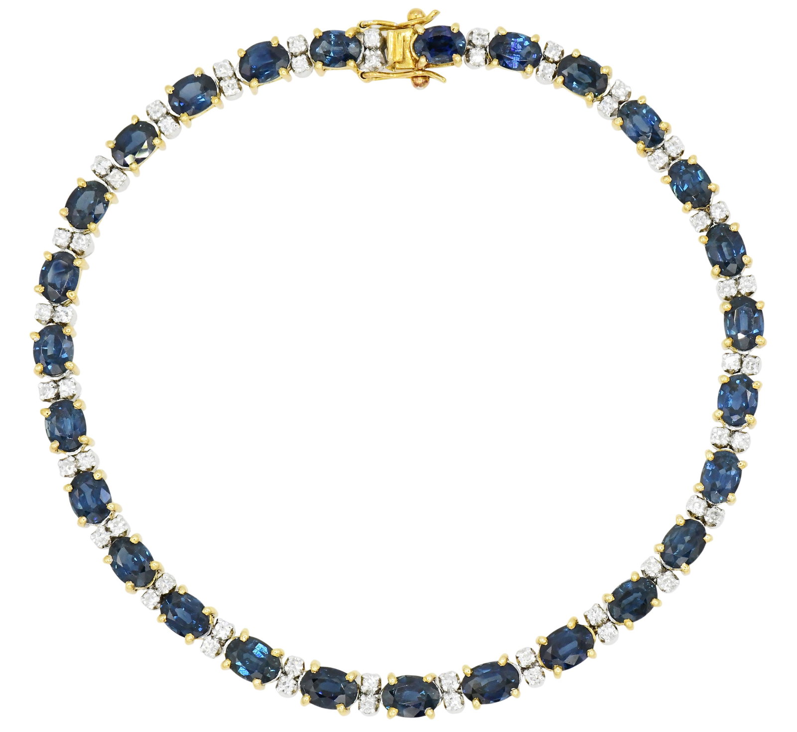 18K Yellow Gold Sapphire & Diamond Tennis Bracelet: 18K Yellow Gold Sapphire & Diamond Tennis Bracelet • set with faceted oval sapphires weighing a total of 7.83 carats • accented by single cut diamonds weighing a total of 0.81 carats ̶