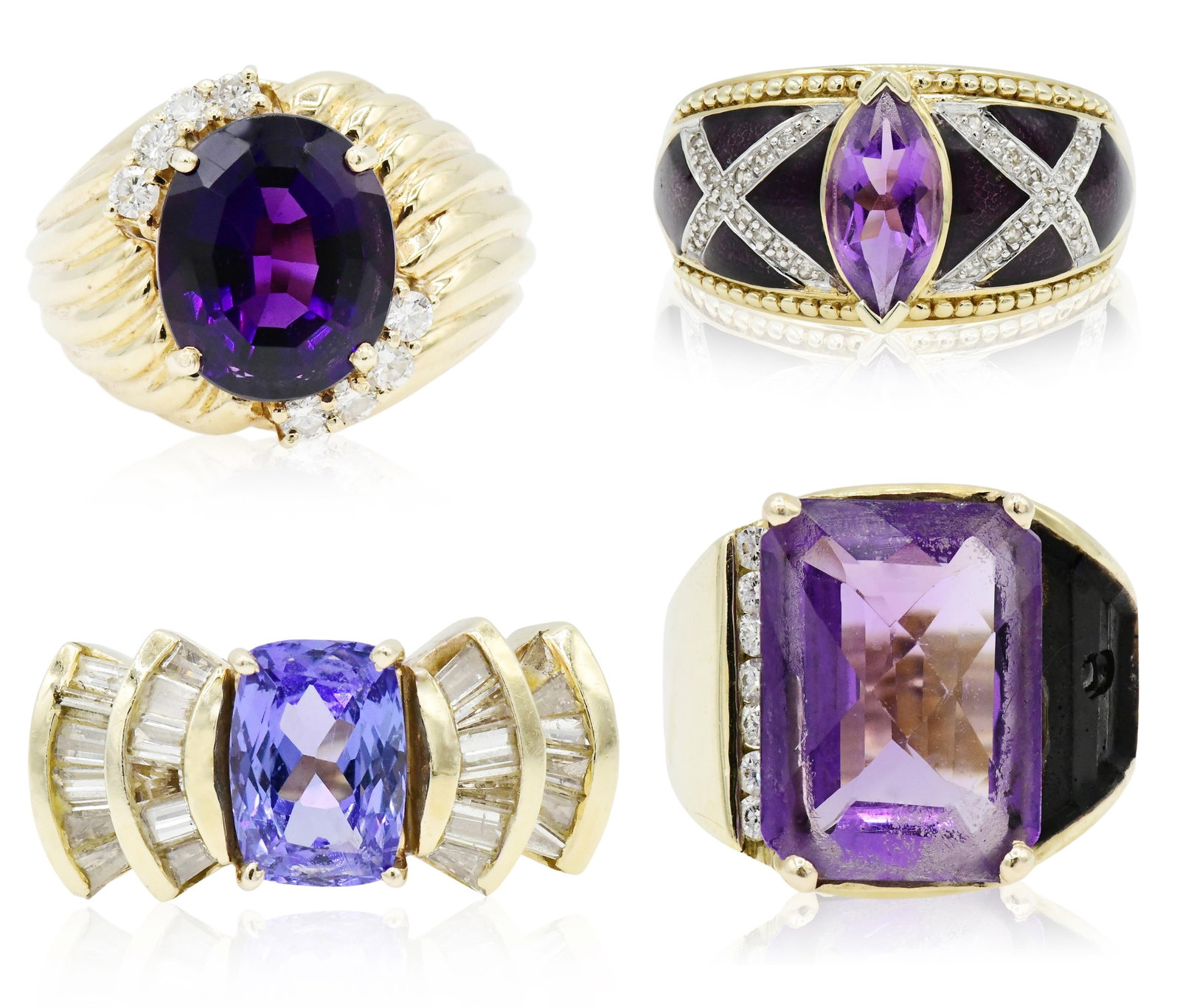 Group of Four Yellow Gold Rings: Group of Four Yellow Gold Rings • 14K gold, amethyst, enamel and diamond ring, 11 1/2 (ring size) • 14K gold, faceted oval amethyst & diamond ring, 6 3/4 (ring size) • 14K gold, cush