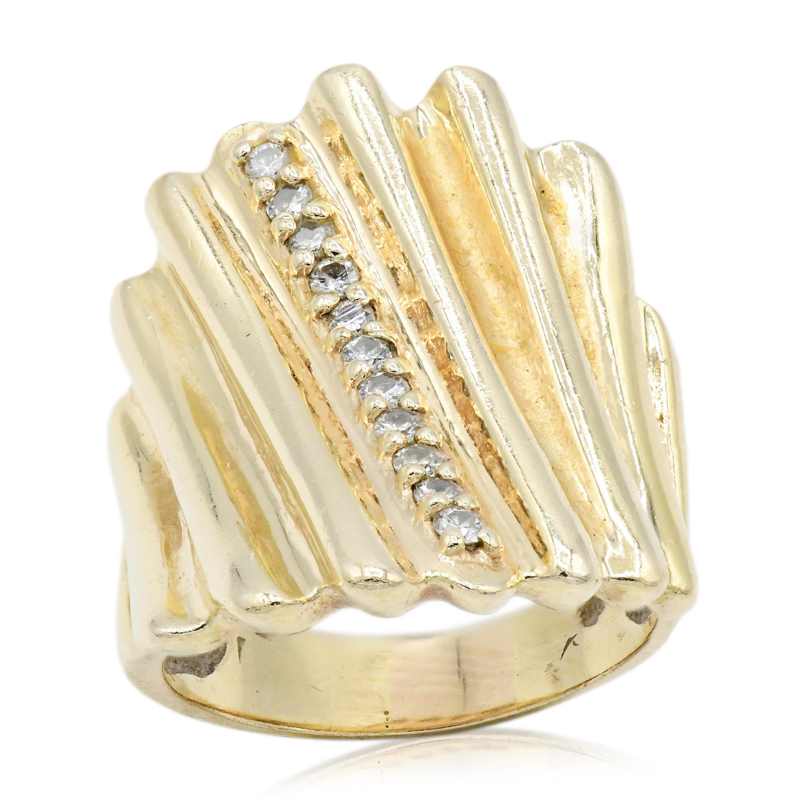 18K Yellow Gold & Diamond Ring: 18K Yellow Gold & Diamond Ring • set with round brilliant diamonds weighing a total of 0.22 carats • 8 (ring size) • 8.6 dwt (total weight) Provenance: Private Collection, Connecticu