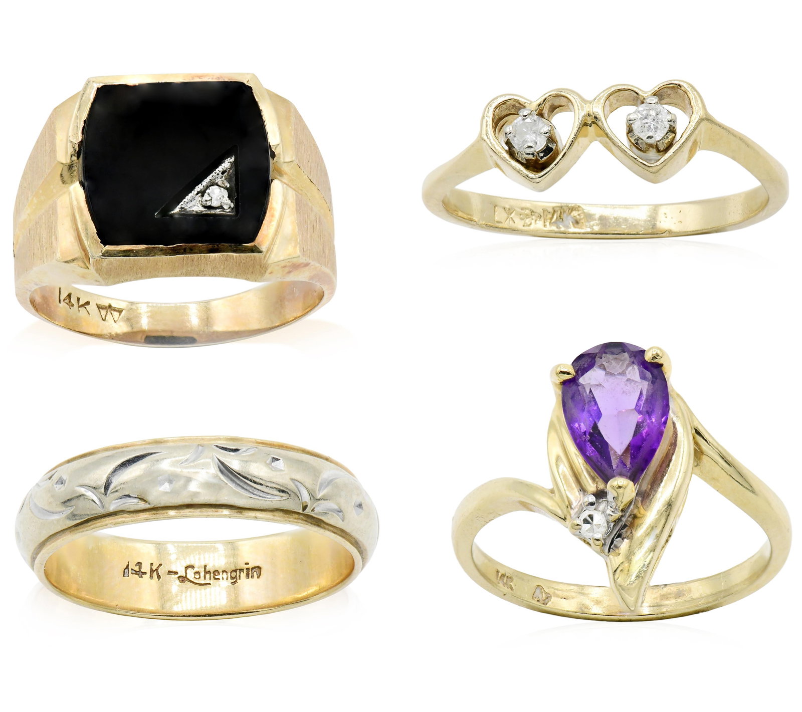 Four 14K Yellow Gold Rings: Four 14K Yellow Gold Rings • diamond double heart ring, 5 1/4 (ring size) • yellow & white gold ring band, 8 1/2 (ring size) • black onyx & diamond ring, 10 1/4 (ring size) • a